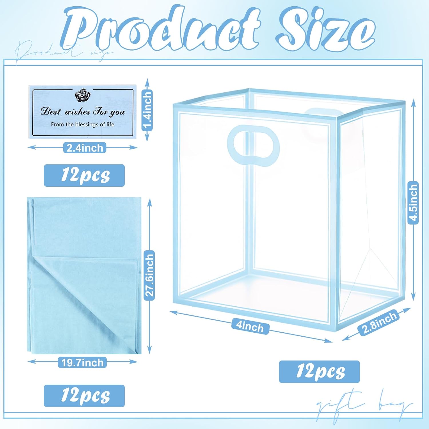 Condition photo showing New/Like New for Tenare 12 Pack 4 2.8 4.5 Inch Mini Clear Plastic Gift Bags with Handles Valentines Extra Small Transparent Party Favor Bags Bulk with Ribbon Tissue Paper for Wedding Party Supplies(Blue)