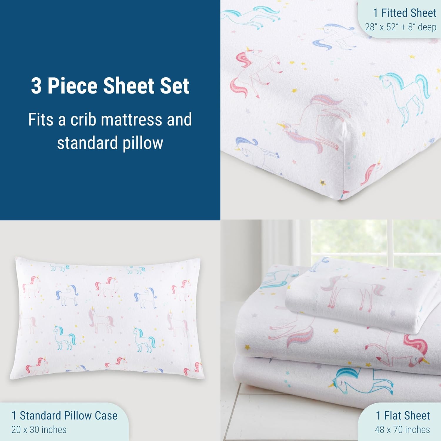 Wildkin Flannel Toddler Sheet Set – 100% Cotton, Soft & Cozy Bed Sheets - Unicorn