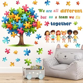 YIMEHDAN Watercolor Puzzle Tree Wall Decal Together Positive Quote Sticker | Education Inspirational Stickers, School Student Team Psychology Artwork for Kindergarten Classroom Library Playroom Decor