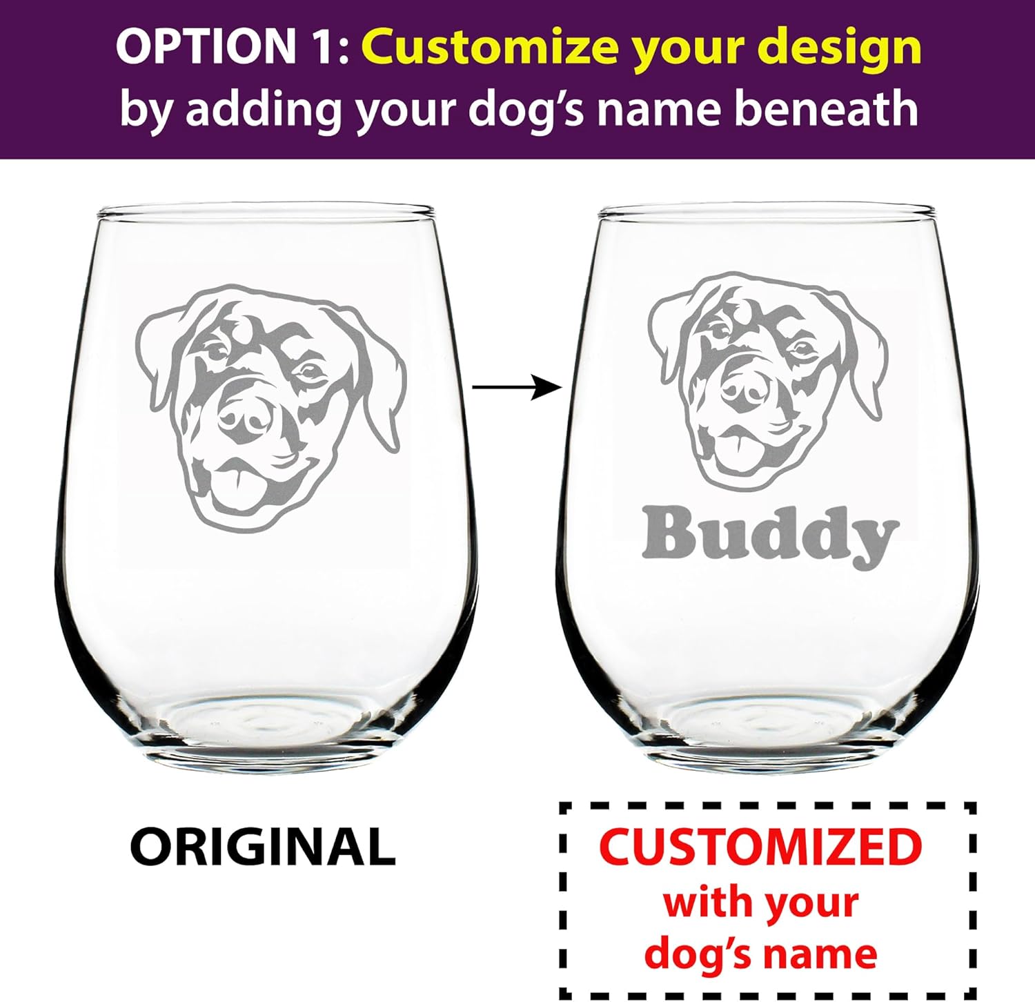 Custom Happy Rottweiler - Stemless Wine Glass - Cute Rottweiler Themed Dog Gifts and Party Decor for Women and Men - Large Glasses - Customized Glasses