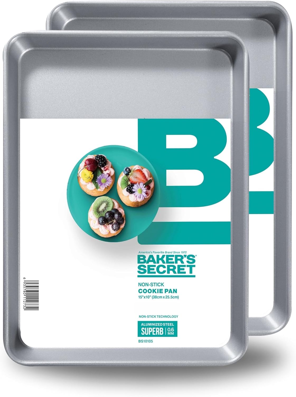 Baker's Secret 2pcs Nonstick Cookie Sheets, Aluminized Steel Small Size Cookie Trays Jelly Rolls with 2 Layers Food-Grade Coating - The Superb Collection (2x Medium 15" x 9.5")
