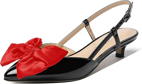 WAYDERNS Zapatos de tacón bajo con hebilla y lazo de satén para mujer, patente y patente, tacón bajo, 1.5 pulgadas