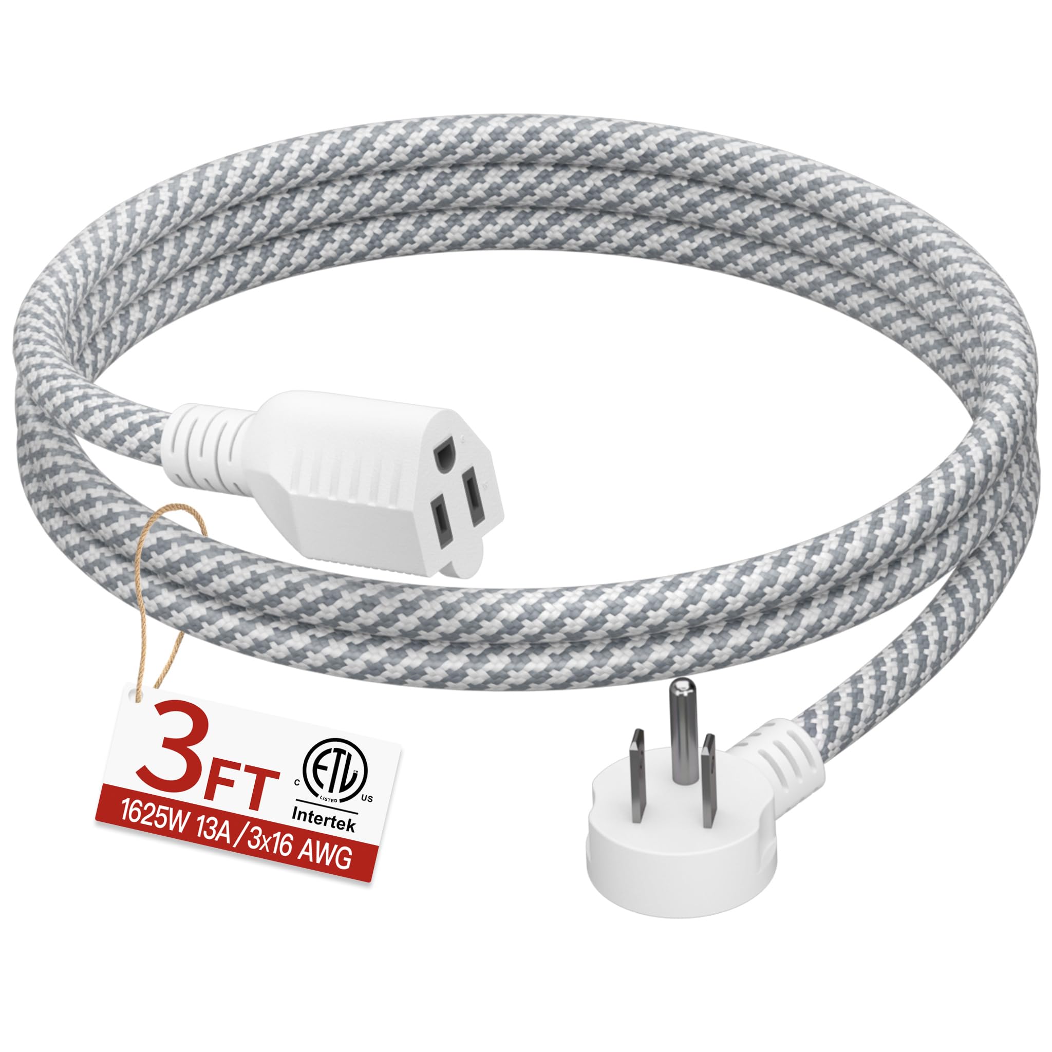 Skrizcable 16/3 3FT Flat Plug Braided Extension Cord, 3 Prong Power Cable