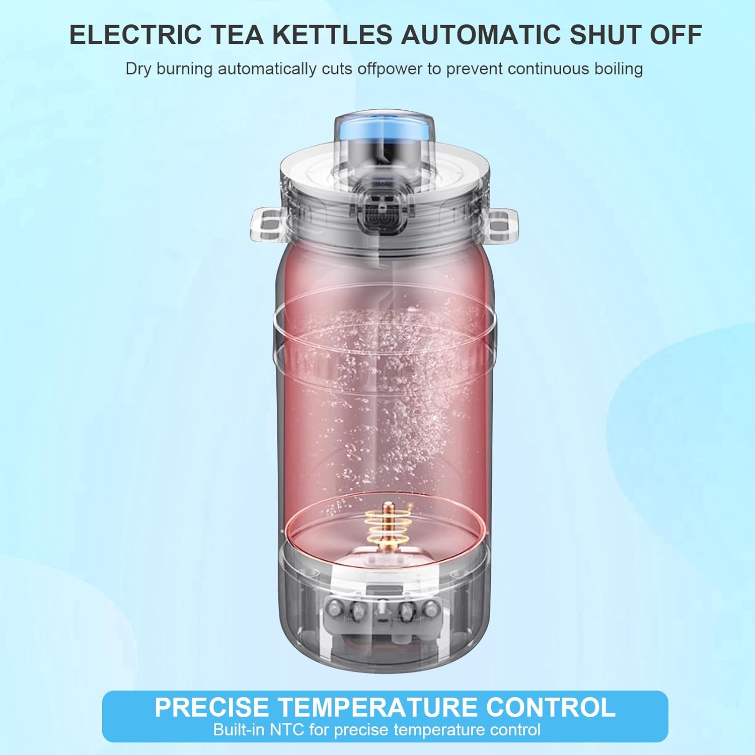 0.5L Travel Electric Kettle（110V）, Portable Electric Tea Kettle Anti-scald Design Comes with Cup Strap, Temperature Controlled, Auto Shut-Off, 304 Not Stainless Steel Liner