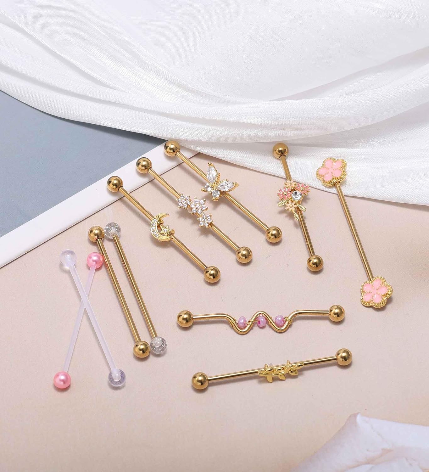 Industrial Piercing Jewelry Gold Cute Industrial Bar 14G Surgical Stainless Steel Industrial Earrings Chain Butterfly Flower Heart Industrial Barbell 1 1/2"(38mm) Bar Length