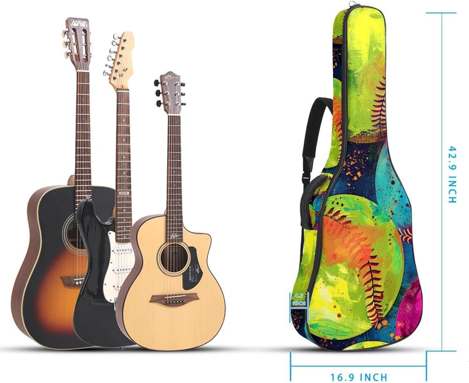 Arthritis Colorful Softball Acoustic Guitar Gig Bag, 1 cm Thick Padding Waterproof Guitar Bag Backpack for 40 41 42 Inch Electric Bass Classical Guitars