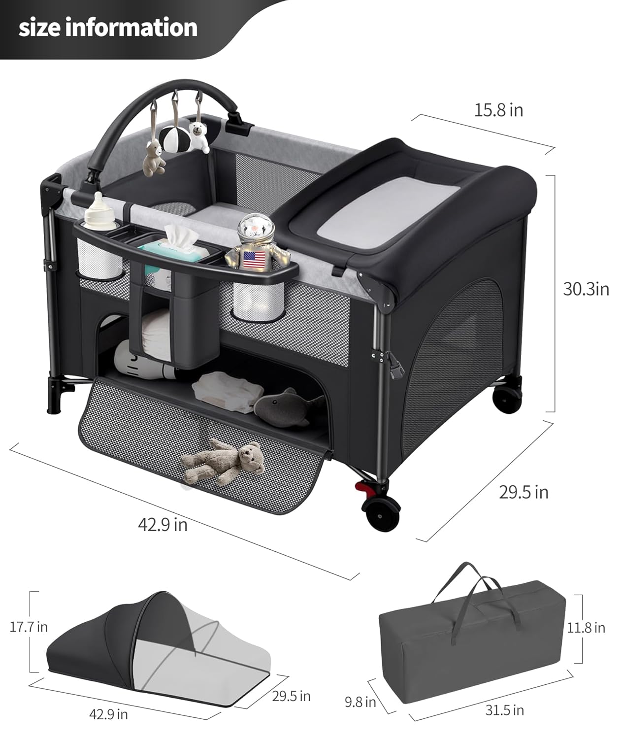 4 in 1 Baby Bassinet Bedside Crib with One-Hand Setup & Waterproof Mattress – ASTM-Certified Pack and Play, Portable Foldable Playard with Diaper Changer for Newborn to Toddler(Black)