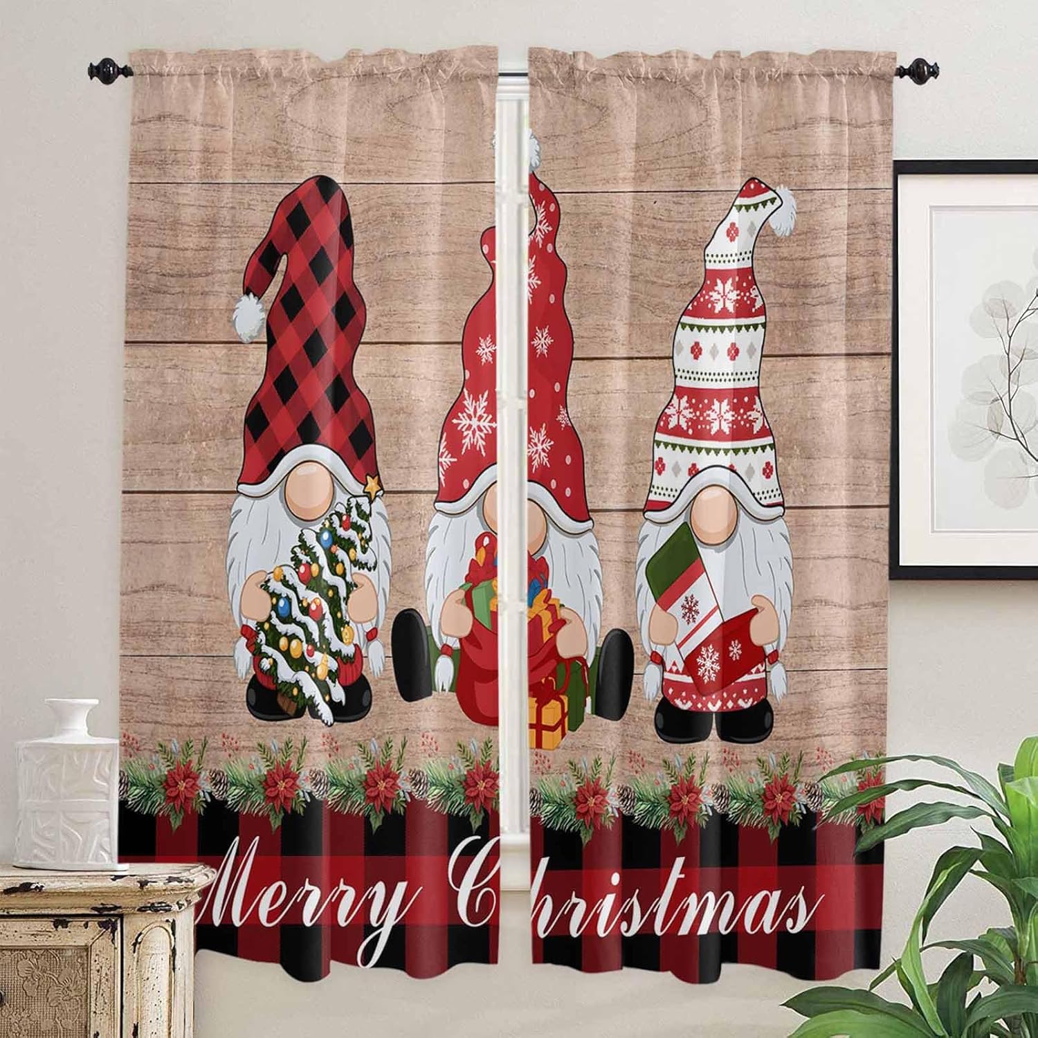 Christmas Gnomes Window Curtains 72 Inch Long 2 Panel Set, Rod Pocket Long Curtains & Drapes, Xmas Tree Gift Wooden Red Black Plaid Light Filtering Window Treatment for Bedroom Living Room 52"W x 72"L