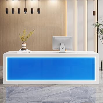 Small Reception Desk, Wooden Front Desk with Counter, Reception Counter with LED Lights, Front Counter Desk with Lockable Drawer for Lectern Classrooms, OfficeWhite+Blue,120cm/47in