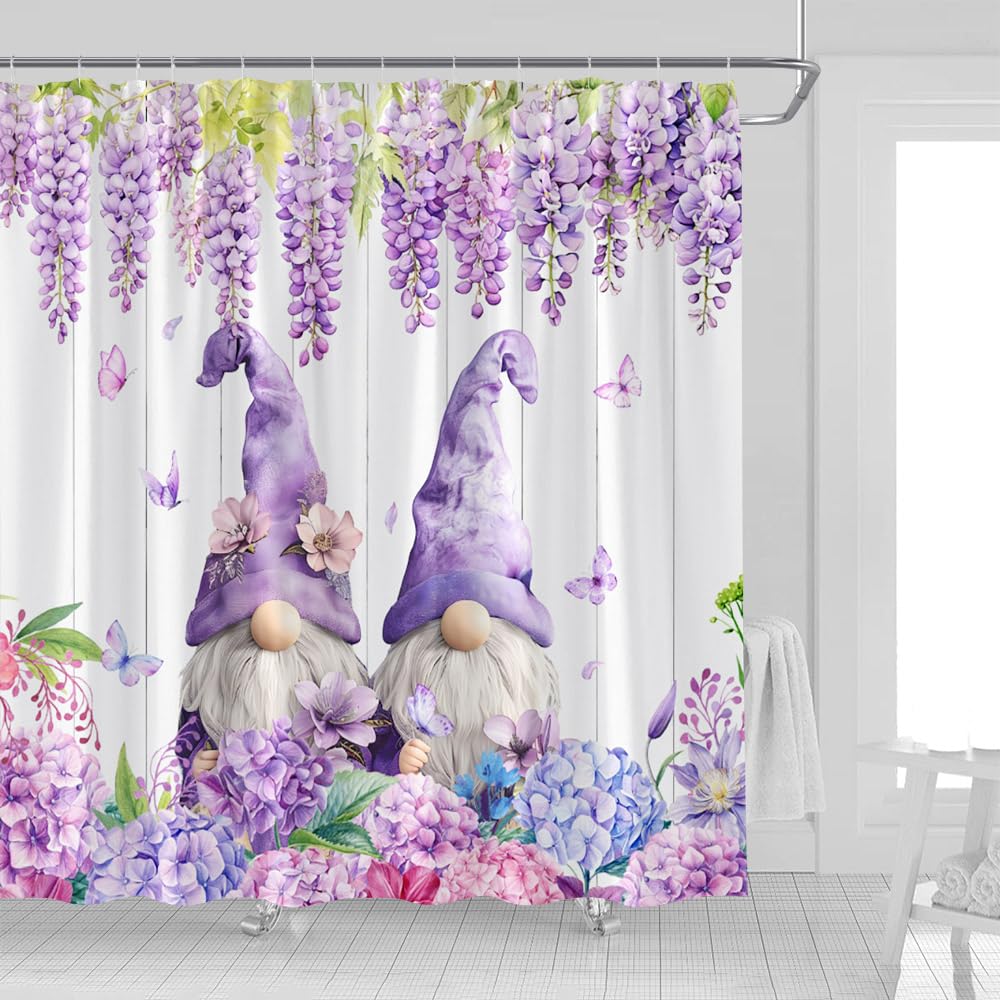 UOZXOML Purple Floral Gnome Shower Curtain Watercolor Lavender Green Leaves Butterfly Rustic Wooden Board Farmhouse Spring Nature Plant Fabric
