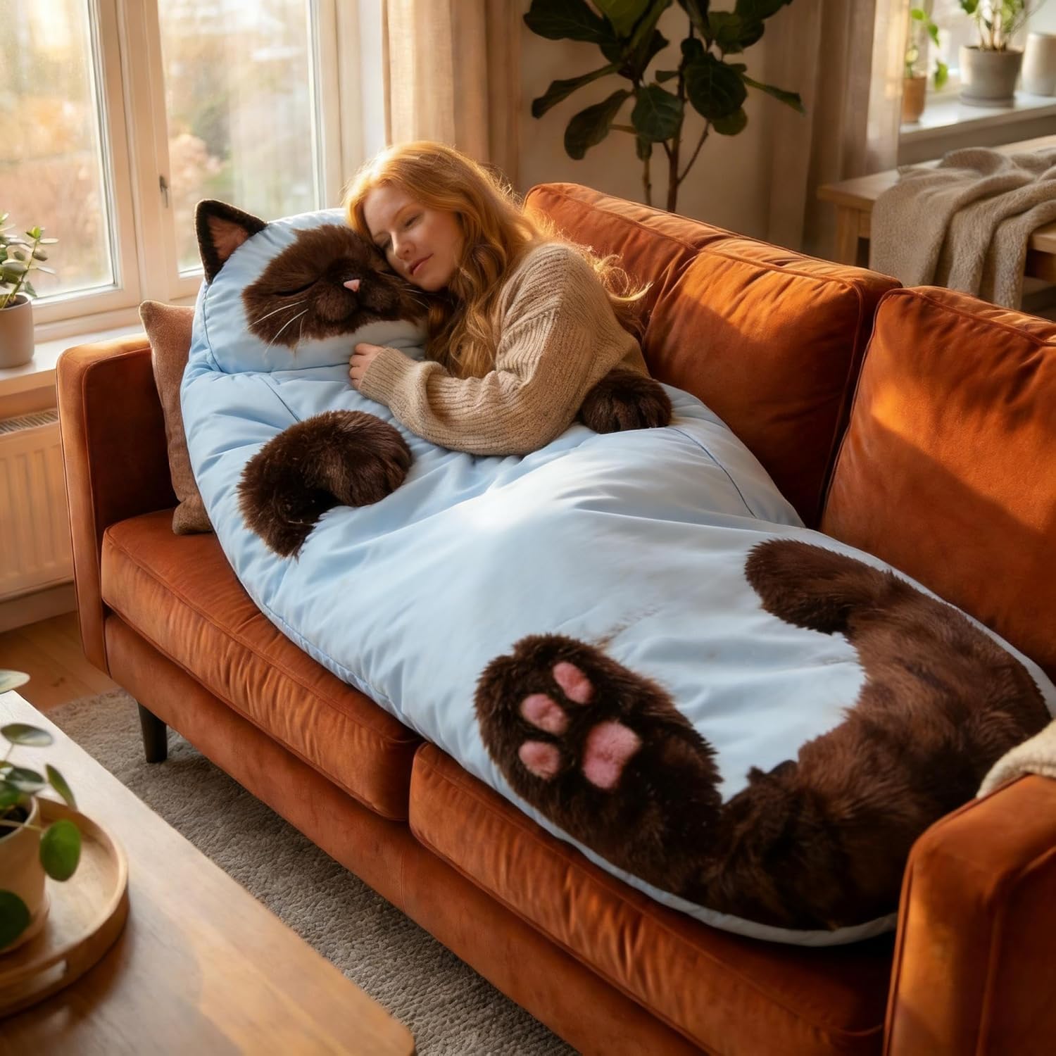 2026 Cat Sleeping Bag for Humans - 175X80CM Plush Adorable Cat Print Envelope Sleeping Bag for Camping, Cute Cat Themed Warm Blanket for Home (B)