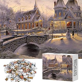Christmas Romantic Town Jigsaw Puzzles for Adults 1000 Pieces, Snow House Jigsaw Puzzle for Thomas, Christmas Snow Scene Puzzle for Kinkade, Winter Snowman Puzzle for Women & Mom