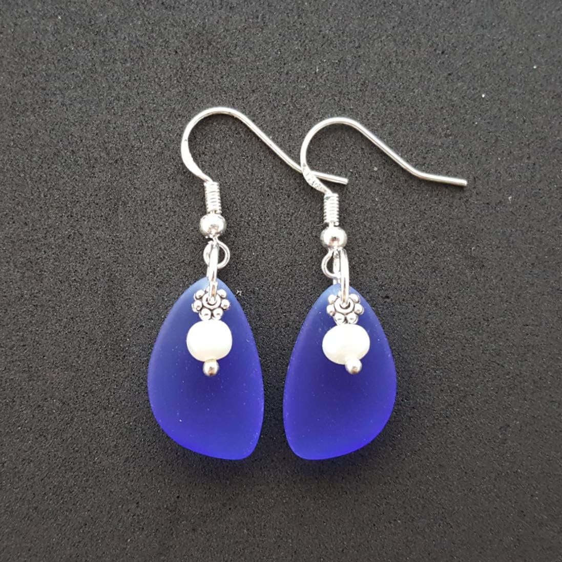 YInahawaii Handmade "Twin Simplicity" Cobalt sea glass earrings, "September Birthstone ", Natural pearls, (Hawaii Gift Wrapped, Turtle earrings