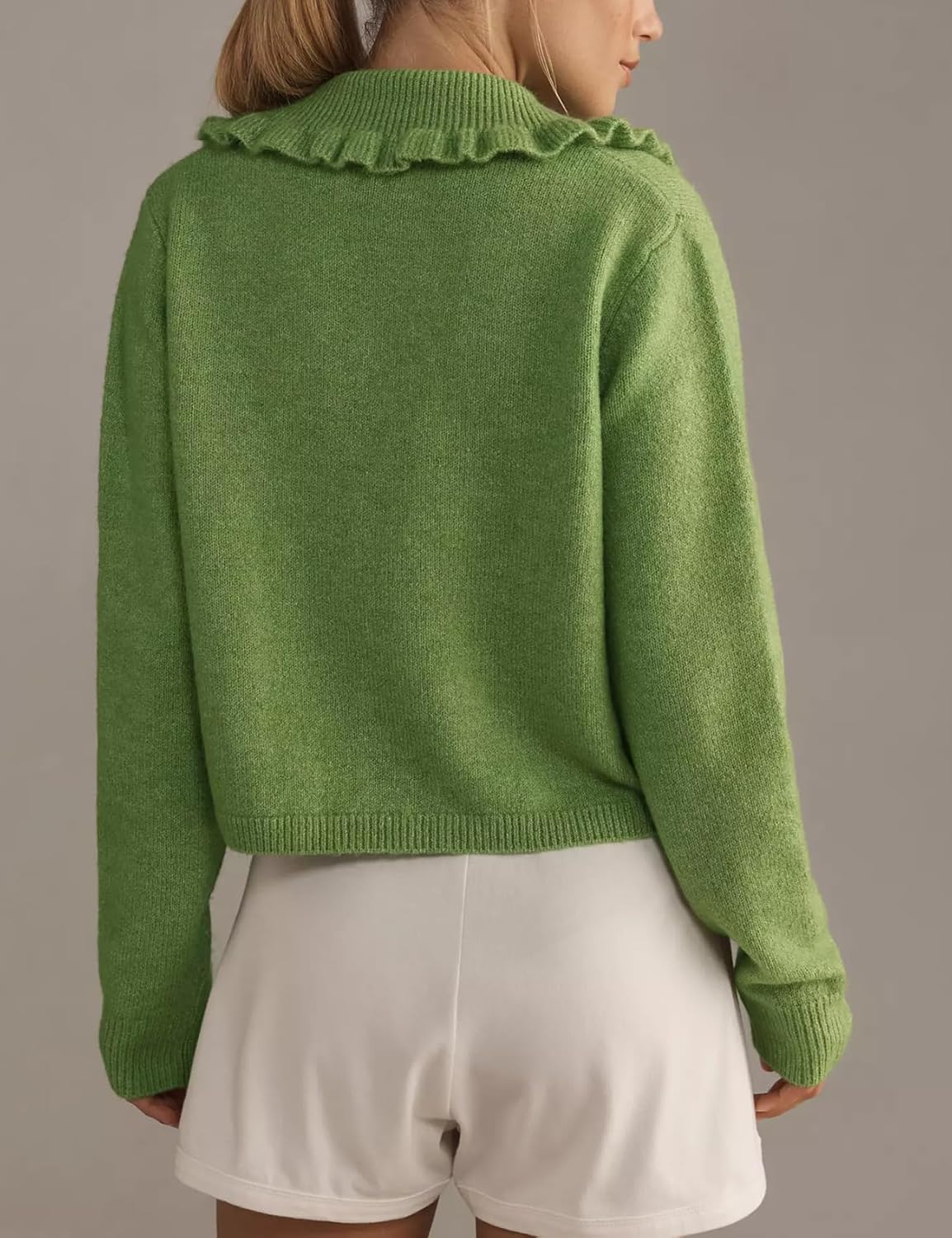 Arssm Womens Ruffle Collar Cardigan Cropped Button Down Open Front Sweaters Knitted Long Sleeve Fall 2025 Elegant Outwear - Image 4