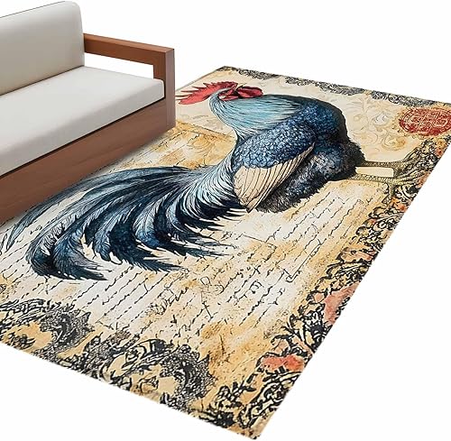 Miniatura 2 de 4x6 Area Rugs, Blue Retro Rooster Non-Skid Rubber Backing Large Rectangle Rugs - Living Room Bedroom Home Office, Pastoral Elegant Animals
