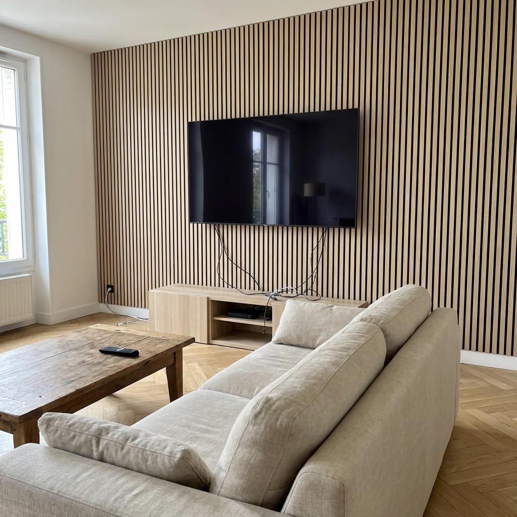 Panneau Acoustique Mural Chêne – Lot de 4 Panneaux Muraux à Lattes MDF Finition Bois – Revêtement Mural Décoratif & Correction Acoustique – Salon, Chambre, Bureau, Home Studio – 240 x 60 cm, 11 mm | Décoration murale et correction acoustique en un seul pr