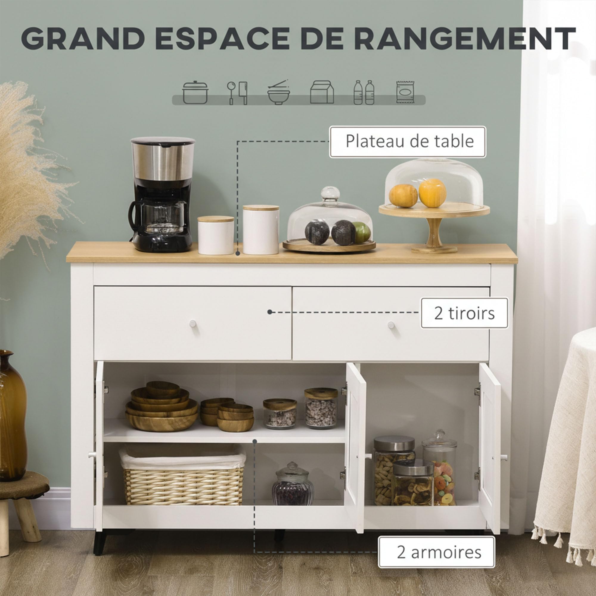 HOMCOM Buffet Cuisine avec 2 Tiroirs et 3 Portes 117 x 35 x 80 cm Blanc