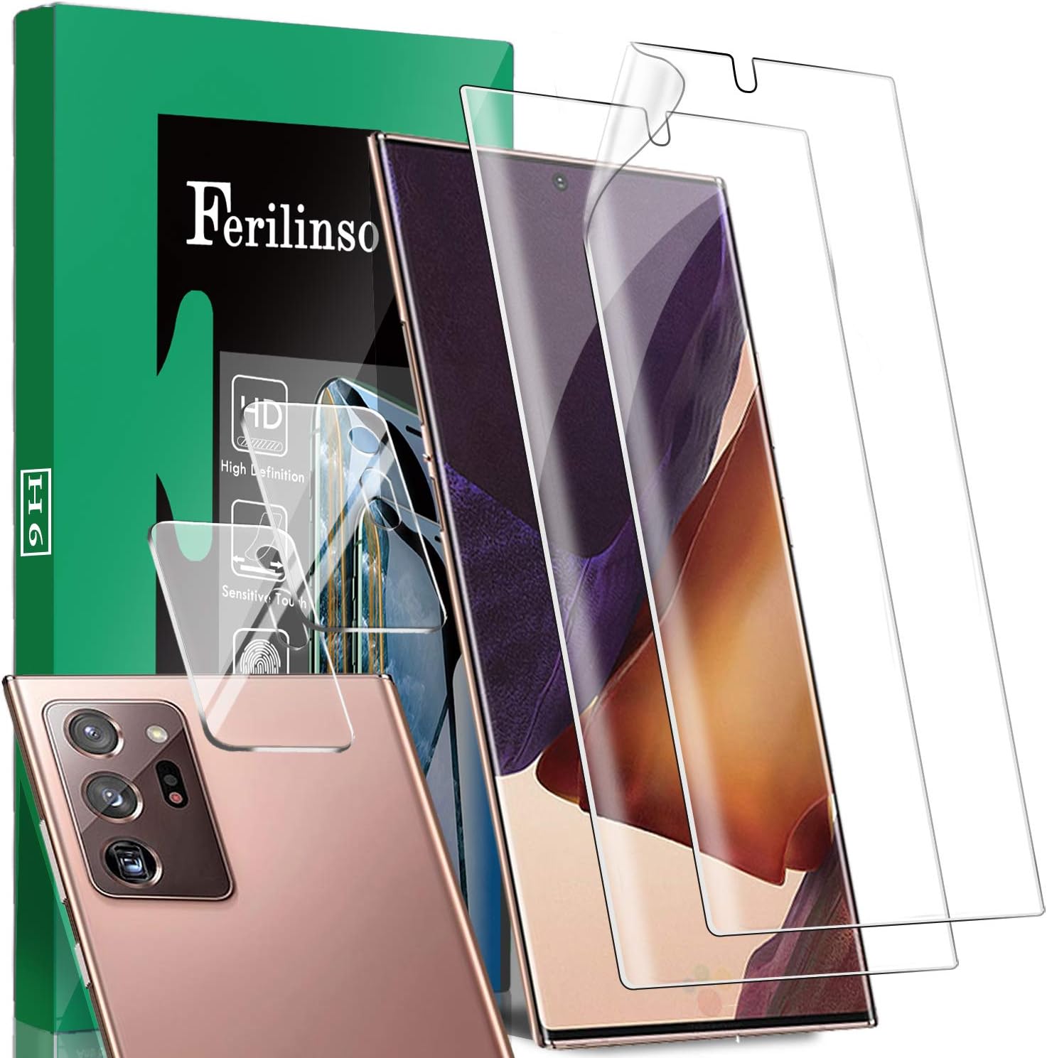 Ferilinso [4 Pack 2 Pack Flexible Film Screen Protector + 2 Pack Camera Lens Protector Tempered Glass for Samsung Galaxy Note 20 Ultra 5G, Ultrasonic Fingerprint Suitable, Anti-Scratch