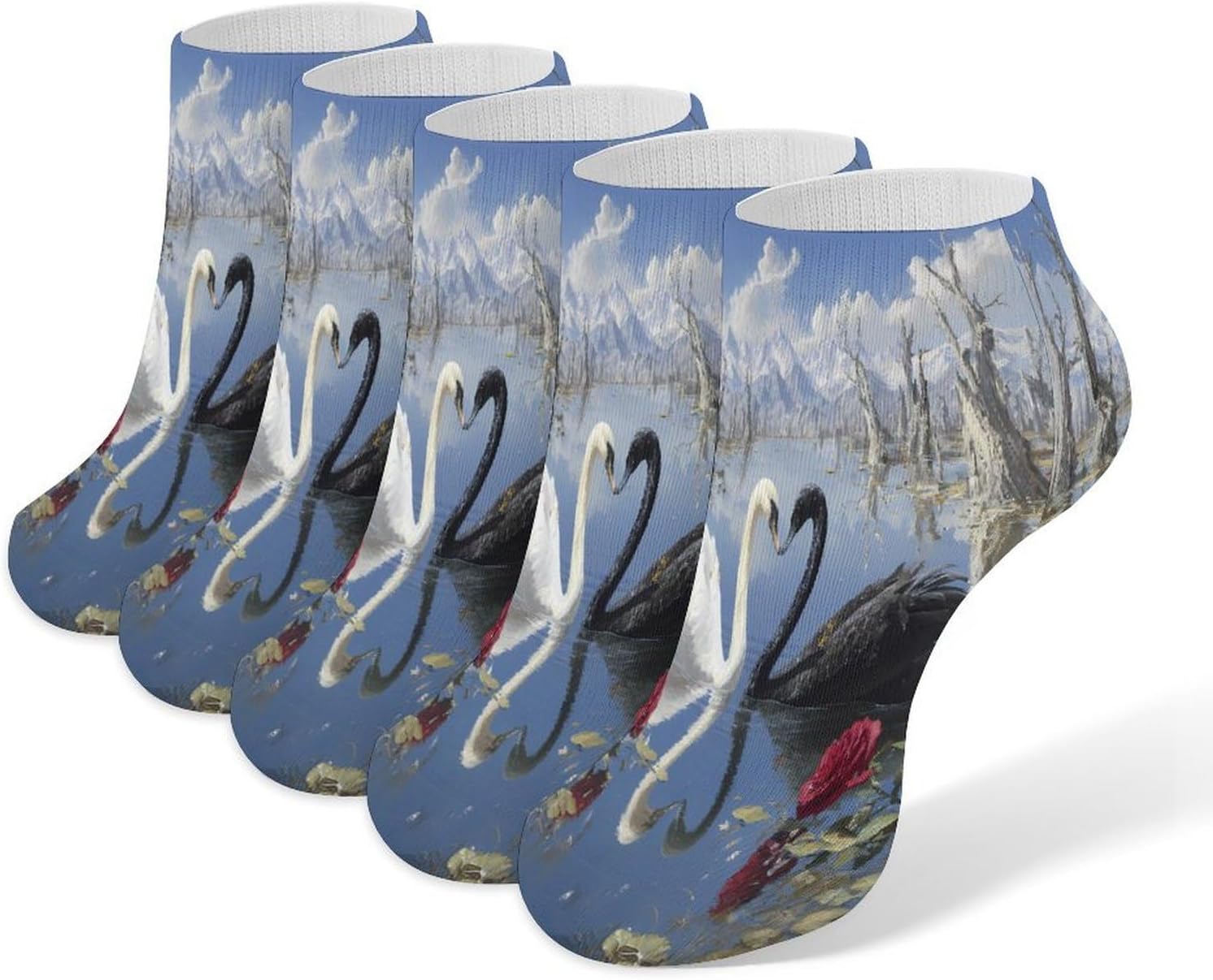 Black And White Swans Socks for Men Women 5 Pairs Ankle Socks