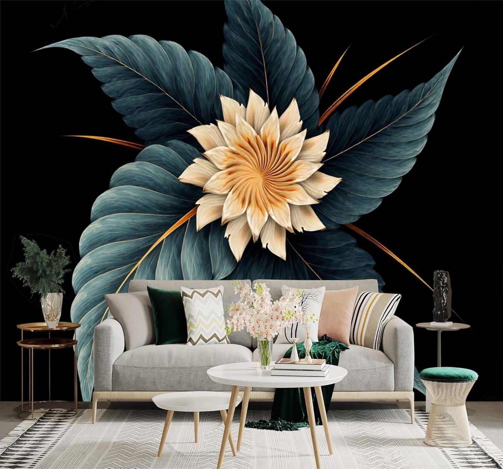 3D Papel Pintado Tridimensional Flores De Color Beige Hojas Azules Negro