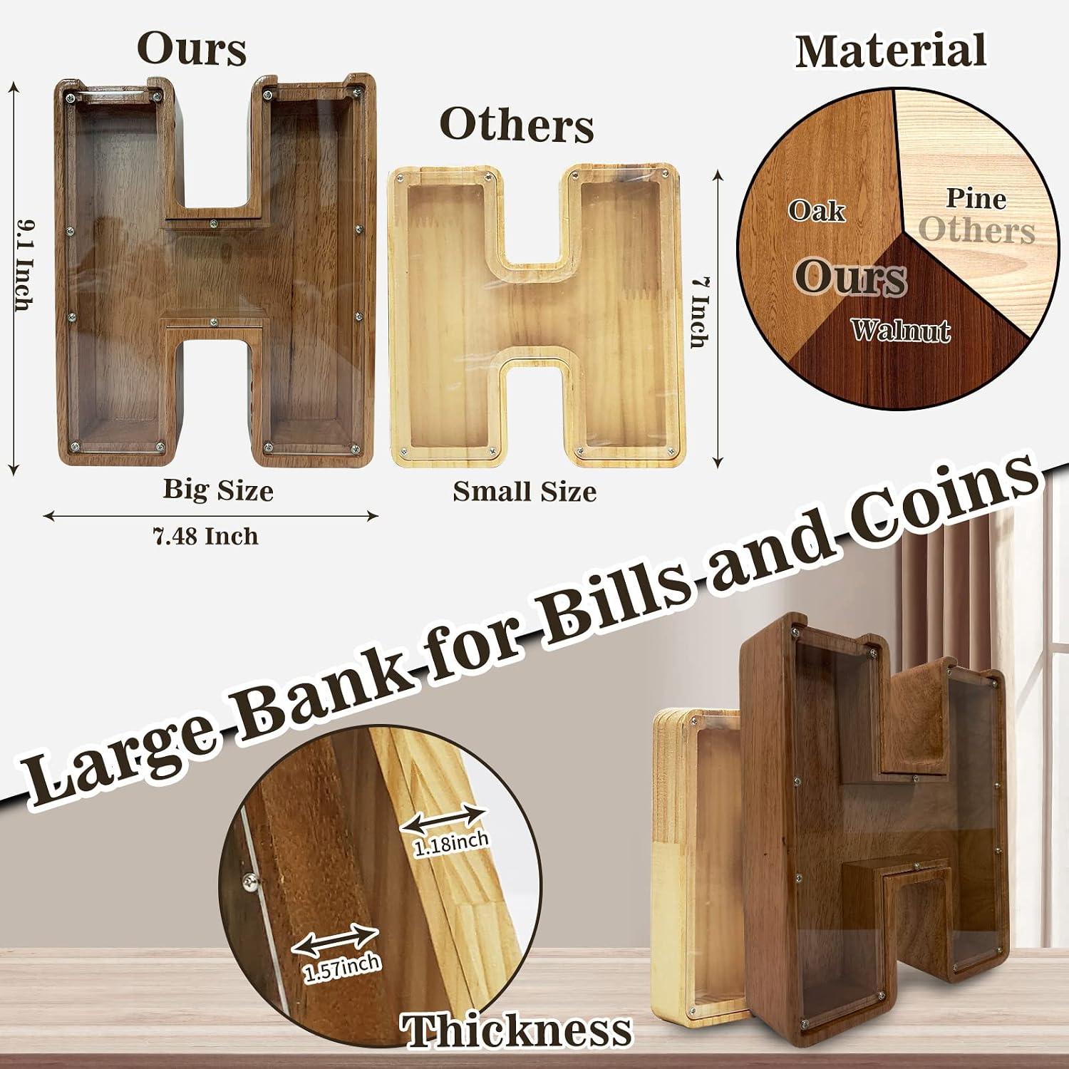 Personalized Large Wooden Kids Letter Piggy Bank - (Laser Engraved) Custom Piggy Bank for Boys Girls - Wooden Banks with Initials - Alphabet Money Box Bank Birthday Letter H Bank