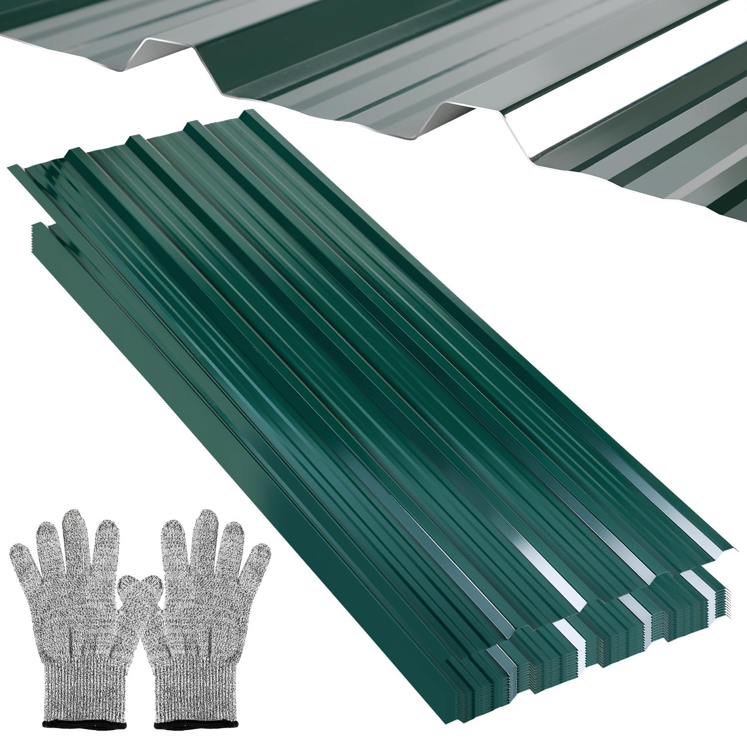 12x Tôles Trapézoïdales 129 x 46 cm - 7 m², Vert | Acier galvanisé, 0,25 mm Tôle ondulée pour toiture, Pour abri de jardin garage mur, Gants Anti-Coupures