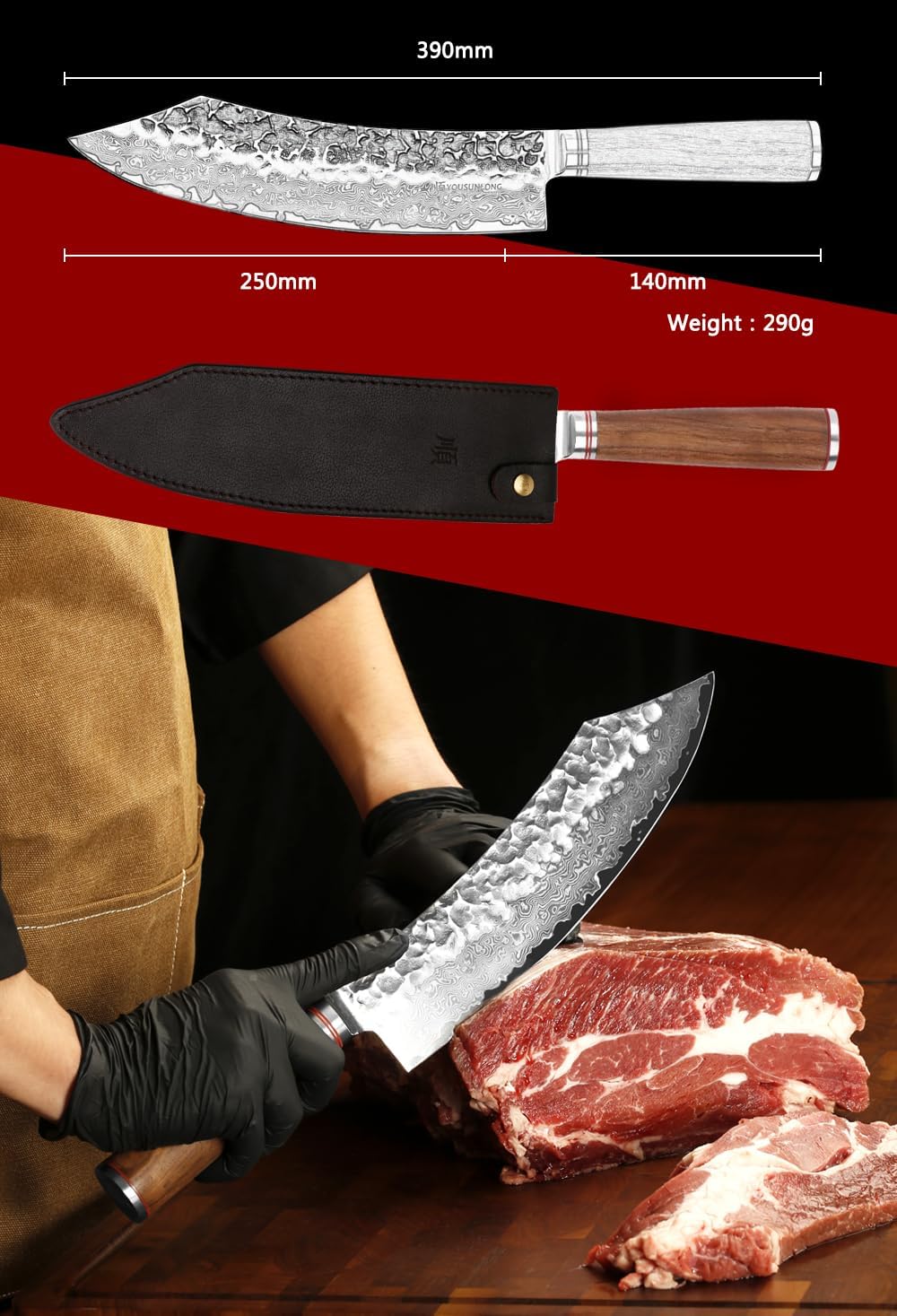 YOUSUNLONG Butcher Knife10 inch Pro Breaking Knives Japanese Hammered Damascus Steel Natural Walnut Wooden Handle with Leather Sheath