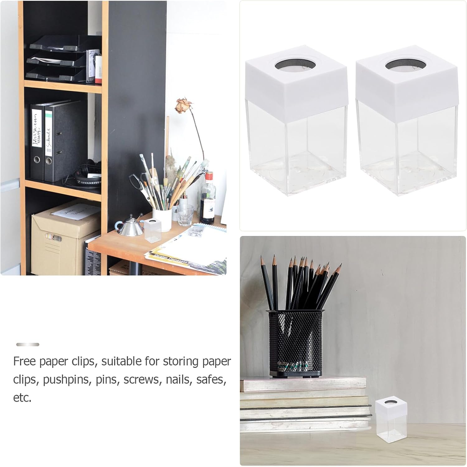 2Pcs Creative Paper Clip Holders Transparent Multi-functional Organizer Boxes for Desk Storage Plastic Containers for Stationery Pens Makeup Brushes and Office Supplies
