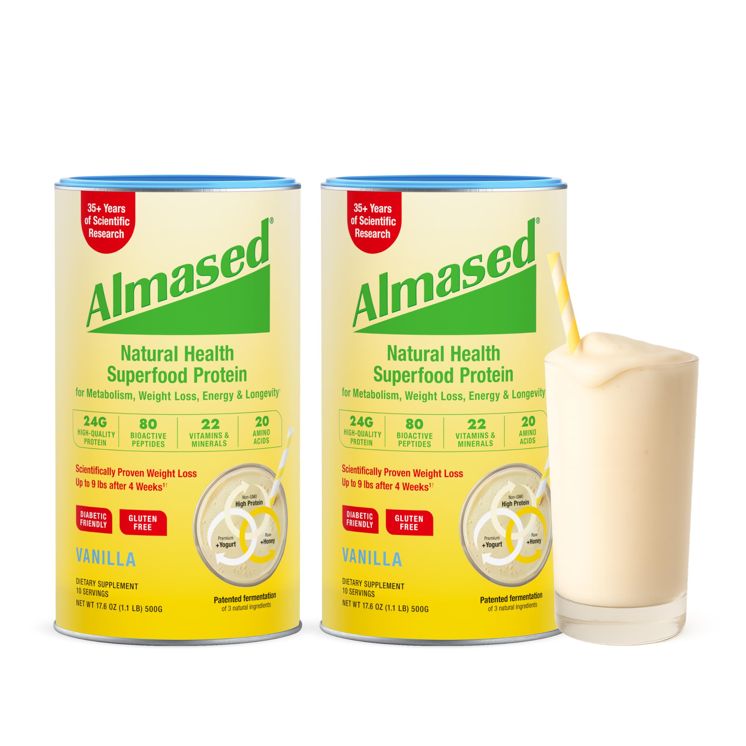AlmasedVanilla Meal Replacement Shake - Low-Glycemic High Plant Base Protein Powder- Nutritional Weight Health Support Supplement - Vanilla Flavor - 17.6 oz (1.1 Pound (2 Pack))