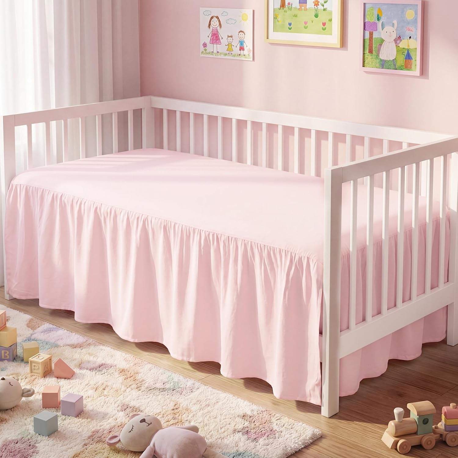 SmoothNovelty Pink Linen Shirred Crib Skirts for Girls Dust Ruffle Bed Skirts, Fits 28''x 52'' with 14" Drop Crib Bedding Skirt for Girls Boys Nursery Toddler