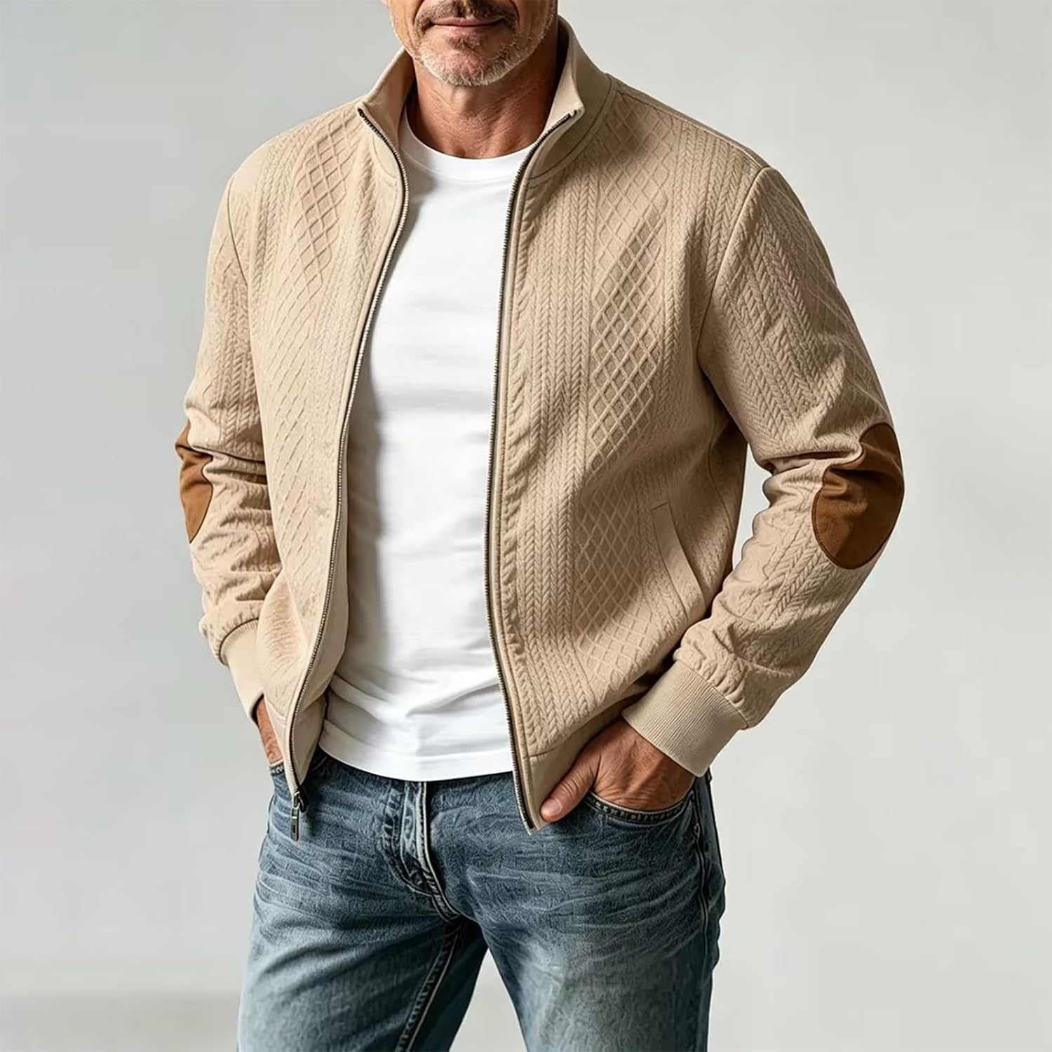 Men Stand Collar Zip Up Jacket Long Sleeve Comfy Sotf Jacquard Shirts Fall Winter Fashion Outerwear with Pockets