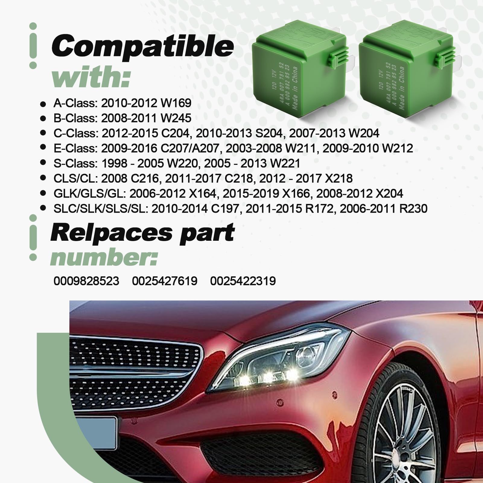 2 relés multifunción automotriz de 5 pines compatibles con Mercedes Benz CLS SLK SLS B200 C300 E350 GL450 G55 S600L ML400 Reemplaza 0009828523 0025427619 00254254223 2319