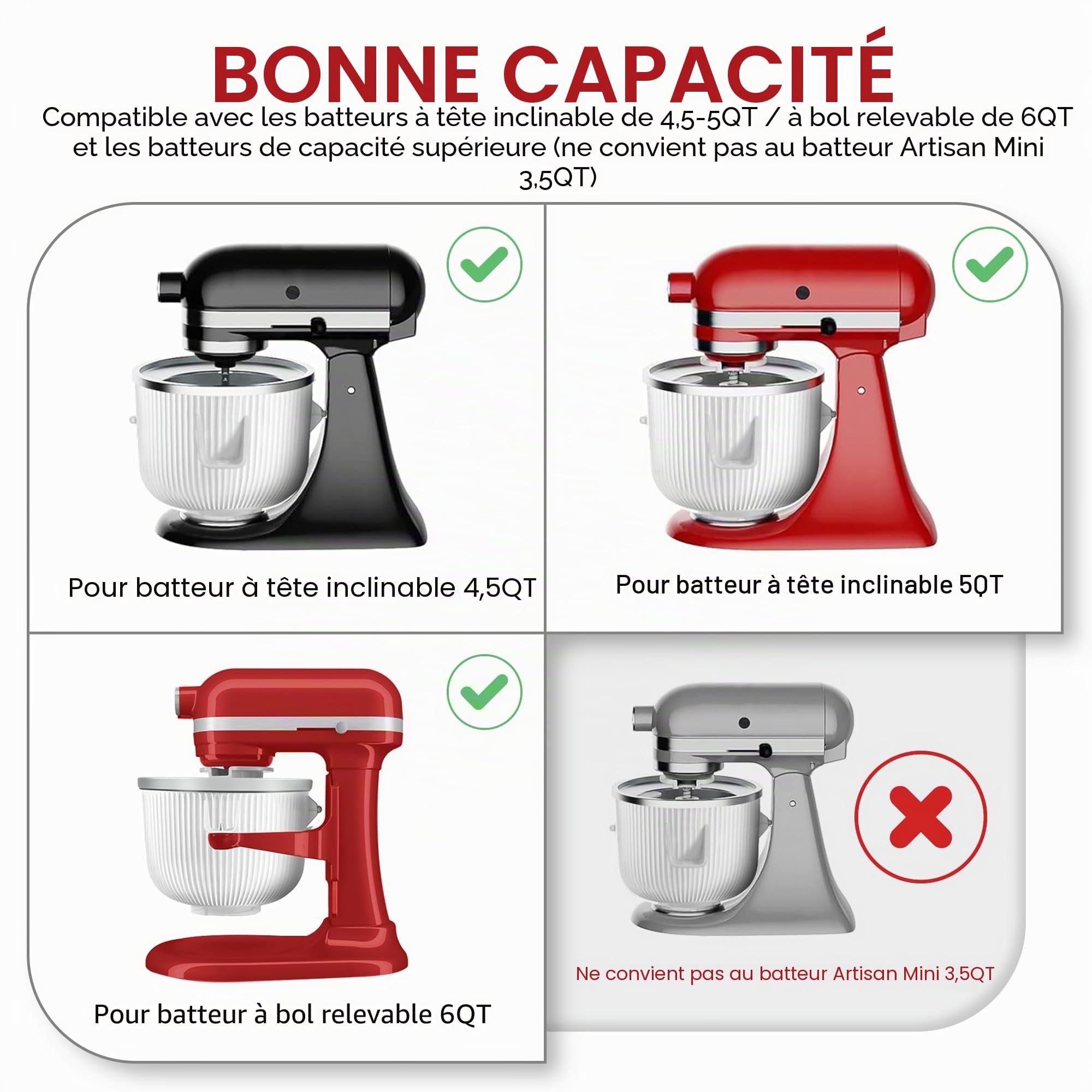 Accessoire pour machine à crème glacée KitchenAid, compatible avec les batteurs sur socle 4,5/5 QT et 6 QT, 2 litres, blanc