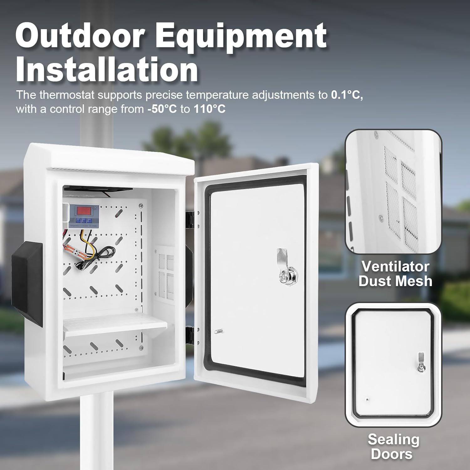 Outdoor Electrical Box with Thermostat and Fan, One-Piece Ventilation Design, Galvanized Steel, Aluminum Rear Beam, IP65 Waterproof,Wall/Pole Mounted (15.7"x11.8"x5.9")