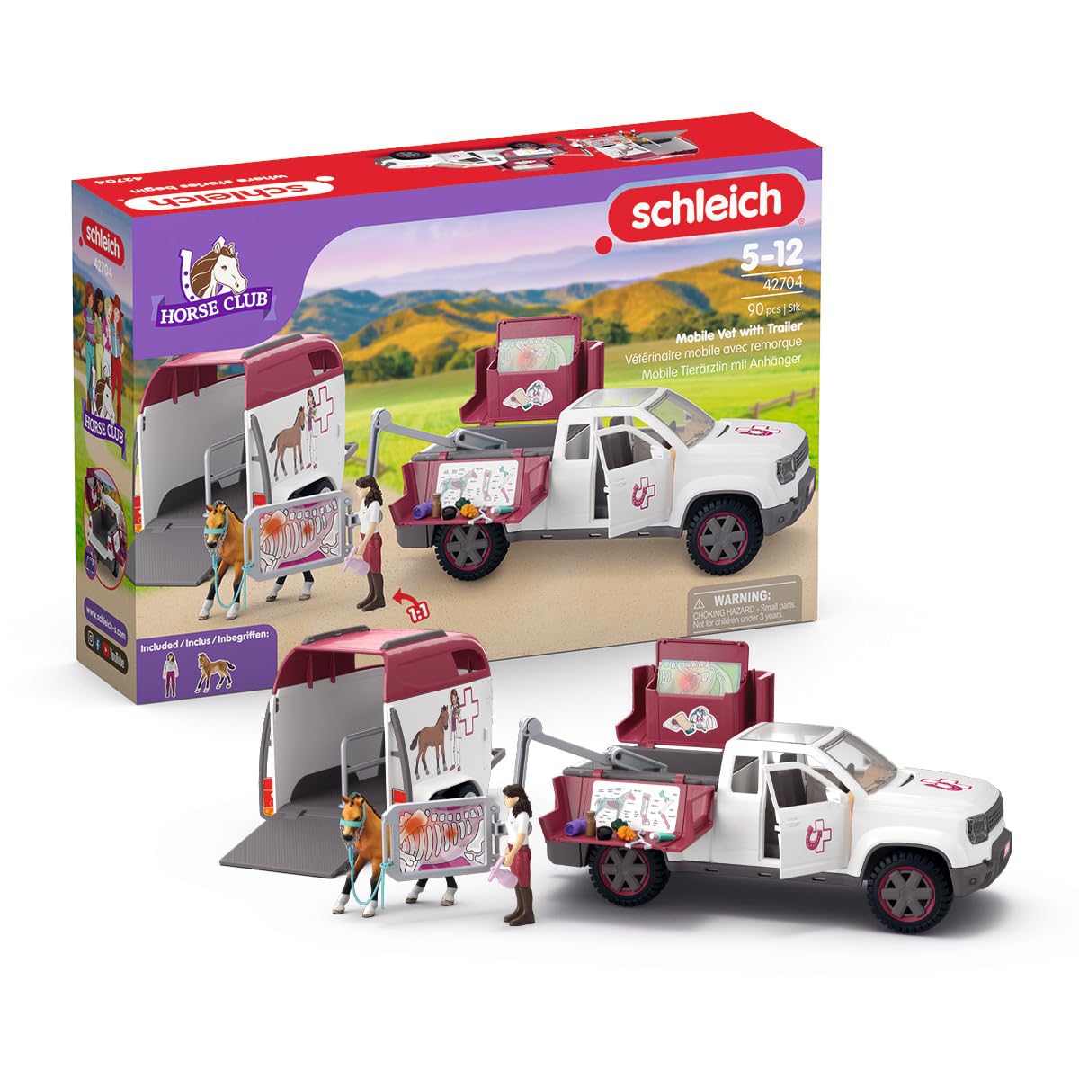 Schleich Horse Club - 90 PC Mobile Vet with Trailer Playset - Includes Toy Horse Figurine, Poseable Veterinarian Figure, Moveable Truck and Accessories - Interactive Play Toys for Kids Ages 5+| 42704