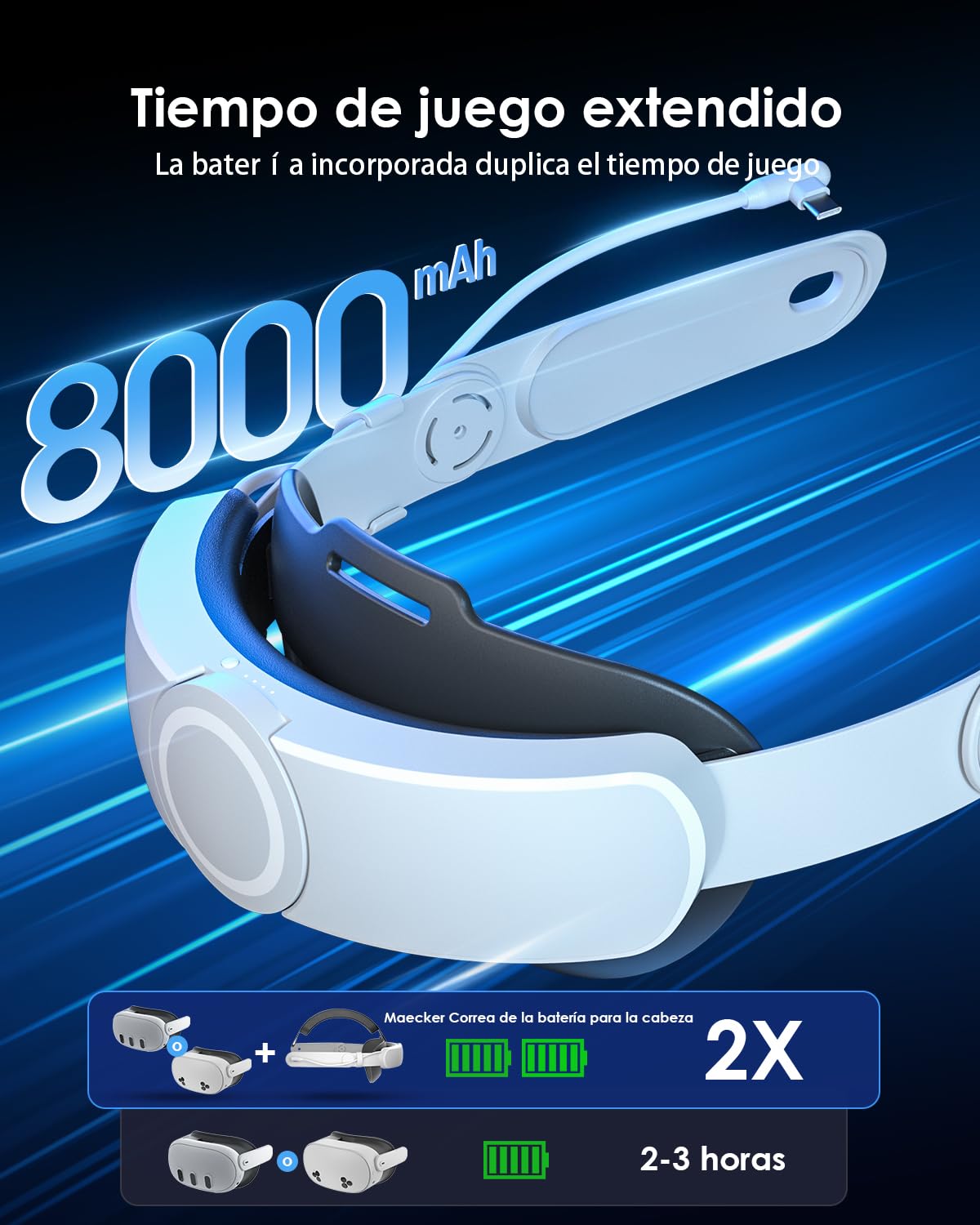 VR Correa para la Cabeza con batería para Quest 3/Quest 3S Elite Correa con batería de Carga rápida de 8000 mAh Correa equilibrada para Quest 3S para Quest 3 Accesorios