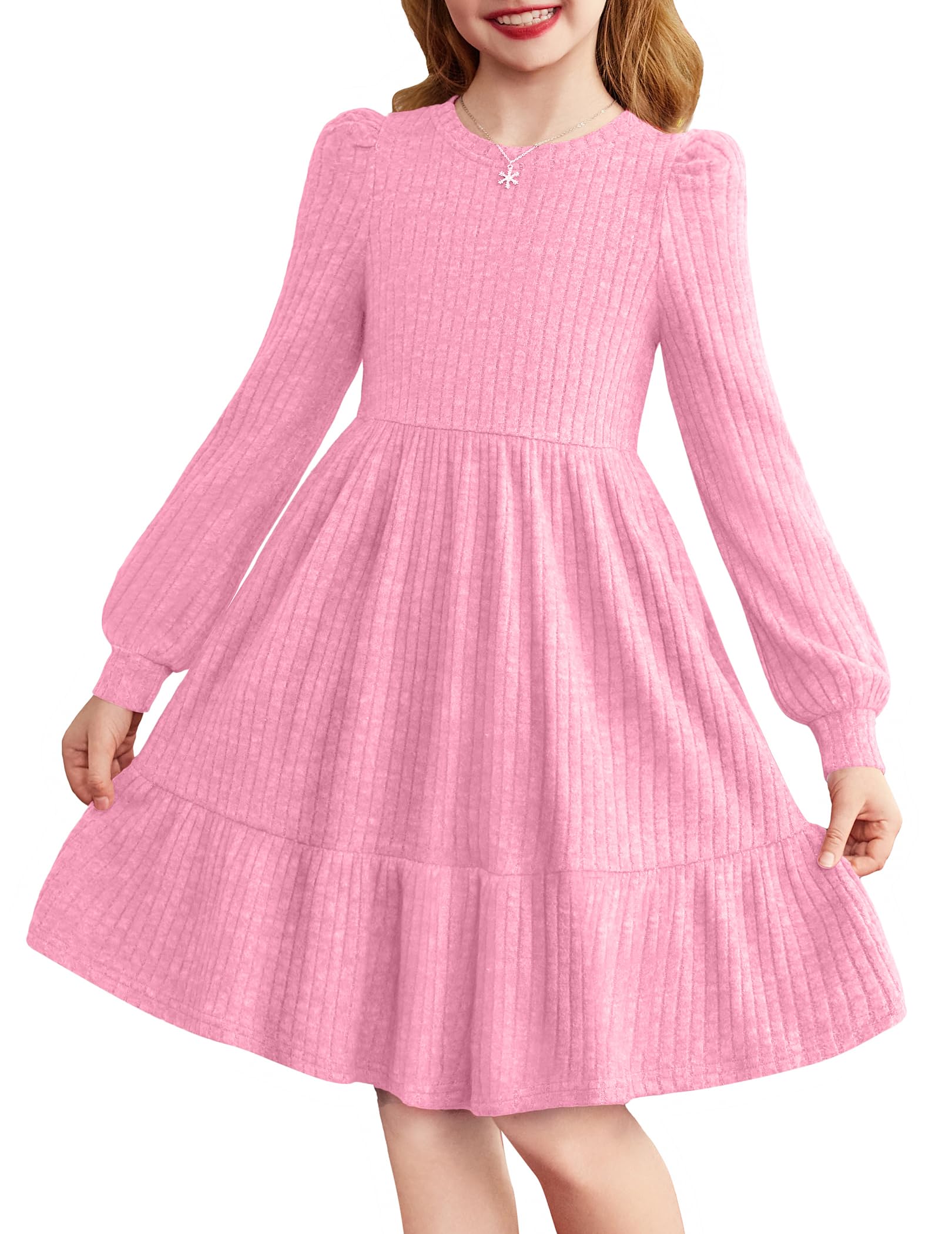 Arshiner Mädchen Pullover Kleid Puffärmel Rippenstrick Kleid Frühlingskleid Kinder Langarm Elegante Einfarbiges Festliche Kleider Rundhals A-Linien Freizeitkleid, 6-14 Jahre