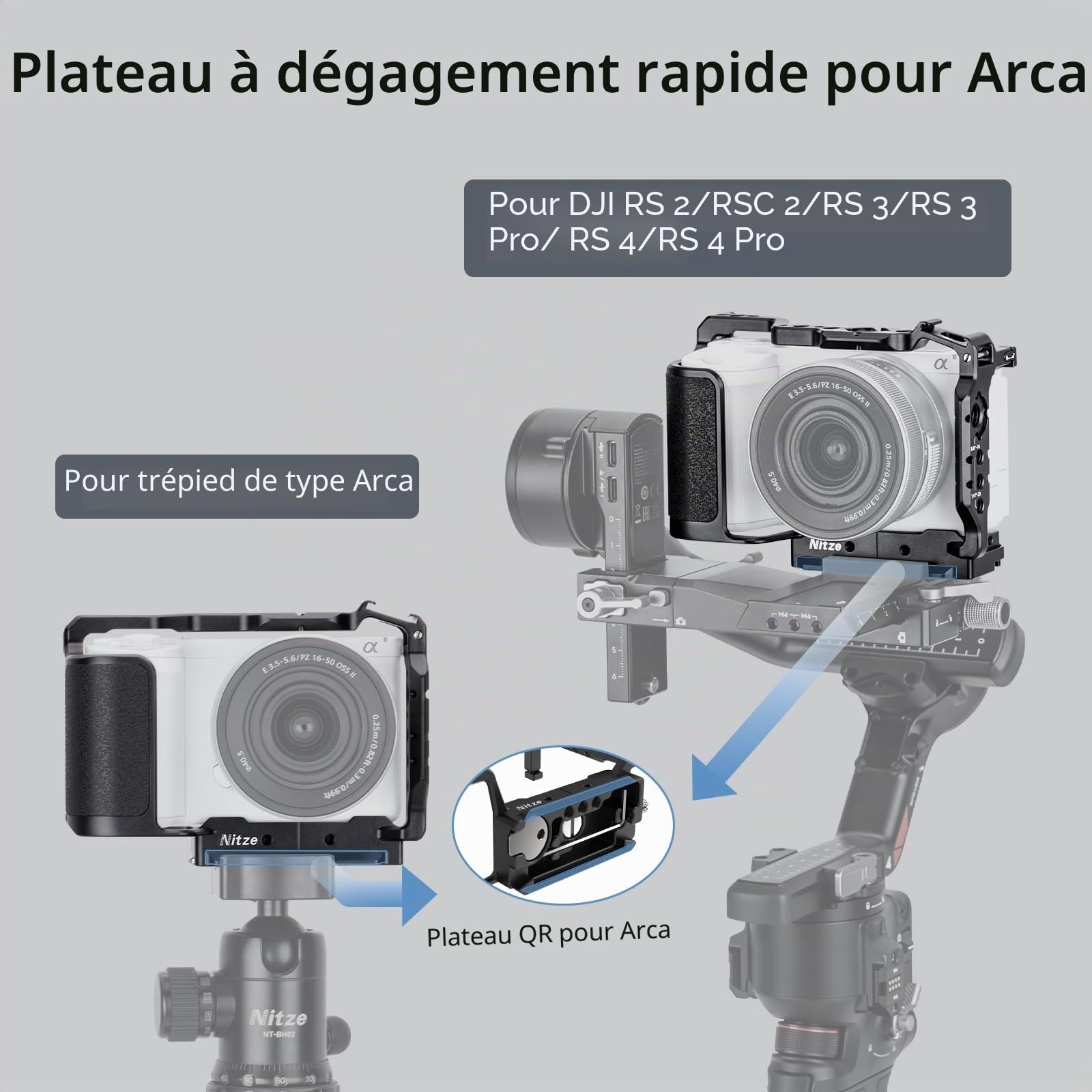 Nitze ZV-E10 II Cage pour Caméra Sony ZV-E10 II, avec 2 Rails NATO Intégrés, Cold Shoe Intégré, Poignée Ergonomique, Plaque de Fixation Rapide pour Arca-Swiss - T-S14A