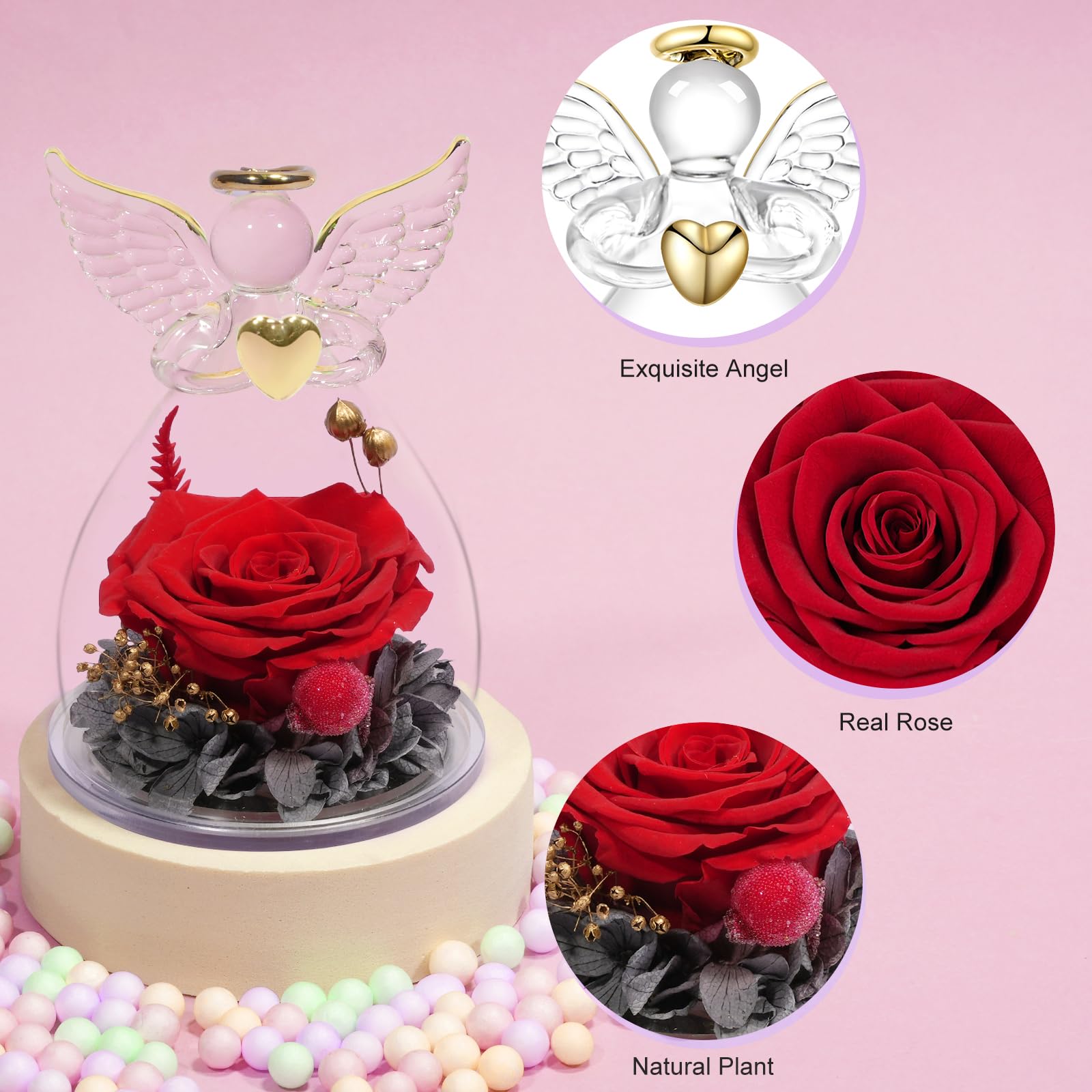 Yamonic Rosa Stabilizzata Vera Regalo Donna,Rosa Eterna in Angel Cupola Regali Mamma,Figurine di Angeli Regali Nonna Donna Compleanno,Angelo Custode Idee Regalo Natale Festa della Mamma