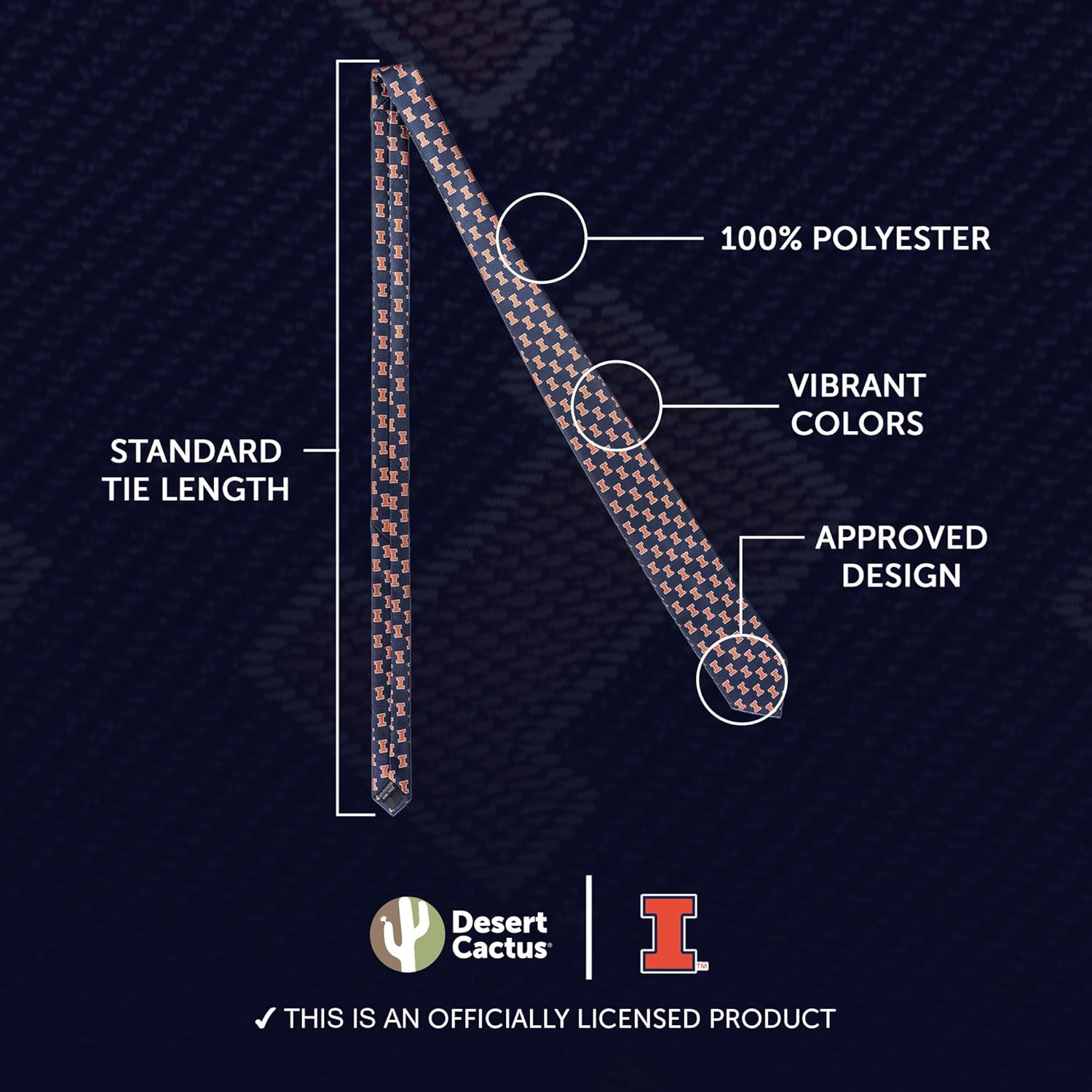 Desert Cactus University of Illinois Neck Tie UIUC Fighting Illini 100% Polyester Necktie with Logo, Officially Licensed (Style B) - Image 3