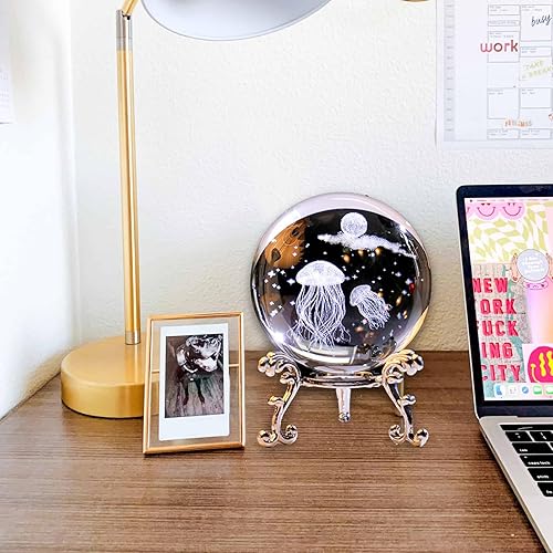 Miniatura 4 de Bola de cristal grabada con láser 3D con soporte, esfera de cristal, bola decorativa, pisapapeles, figura de medusa de cristal, coleccionable,