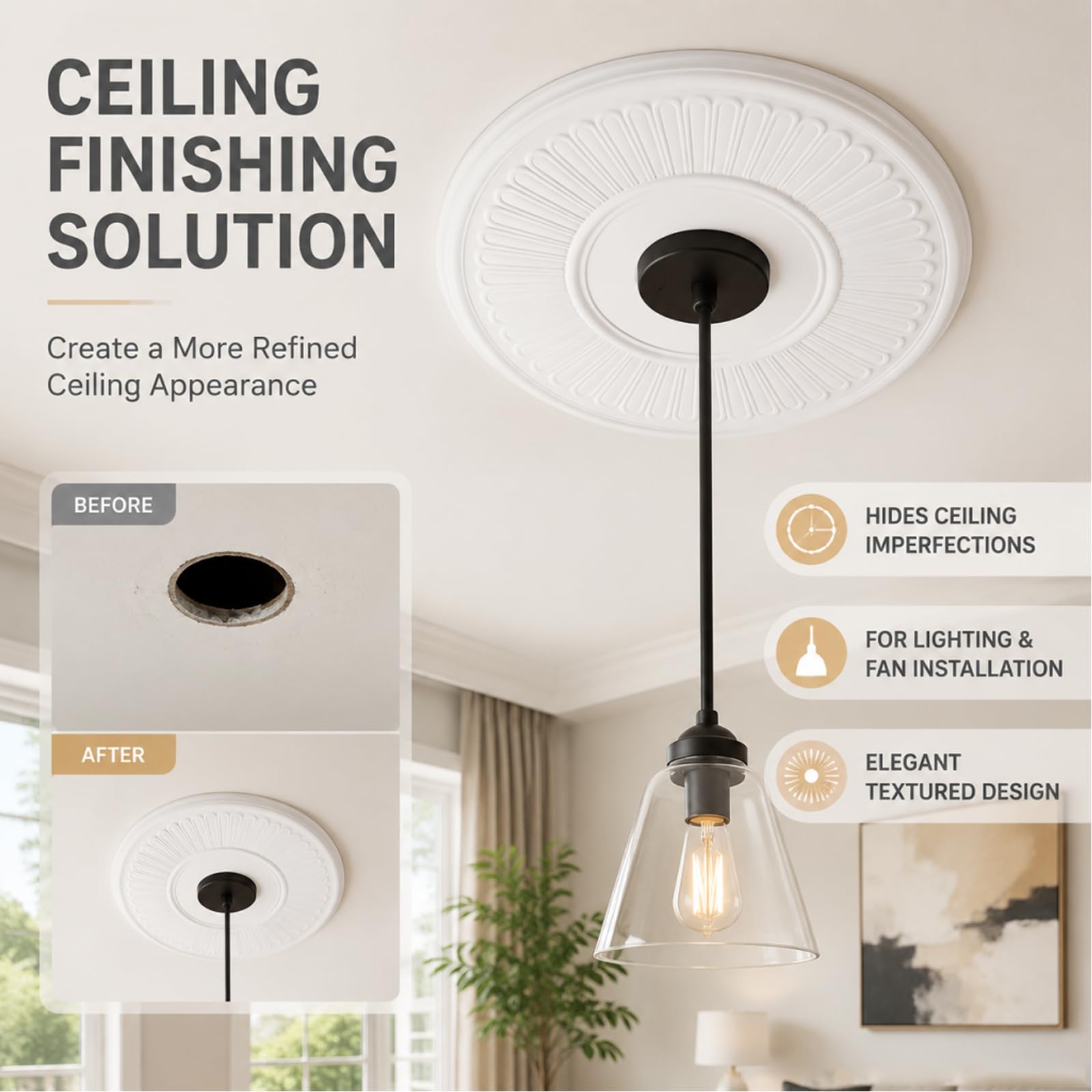MY MIRONEY White PU Ceiling Medallion, 13 1/5" OD x 3 3/7" ID — Amazon image 6