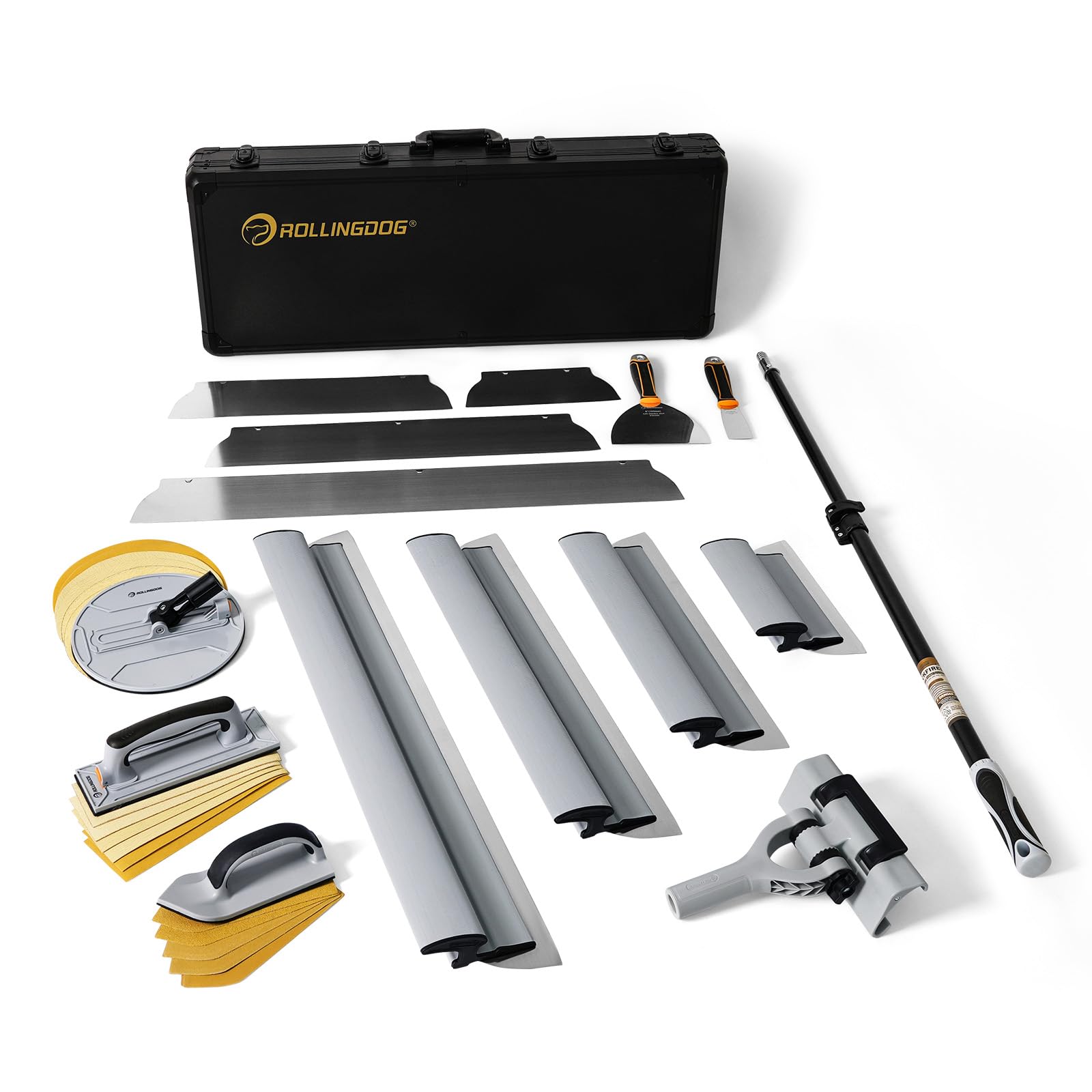 ROLLINGDOG 36PC Drywall Skimming and Sanding Set - Wall Surface Prep Set with Pole Sanders, Wallpaper Scrapers, Putty Knives, Sandpaper, Extension Pole and Case
