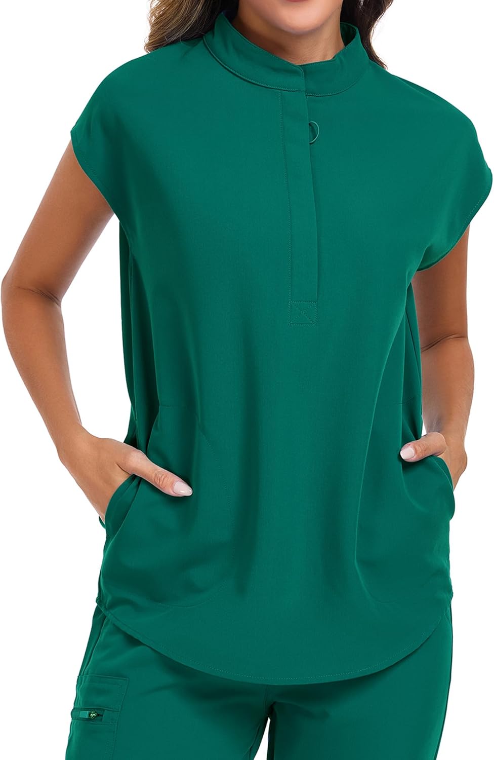 Women's Scrub Top 4 Way Stretch Shirts Zipper Up Work Blouse Short Sleeves Top with Two Pockets - Image 3
