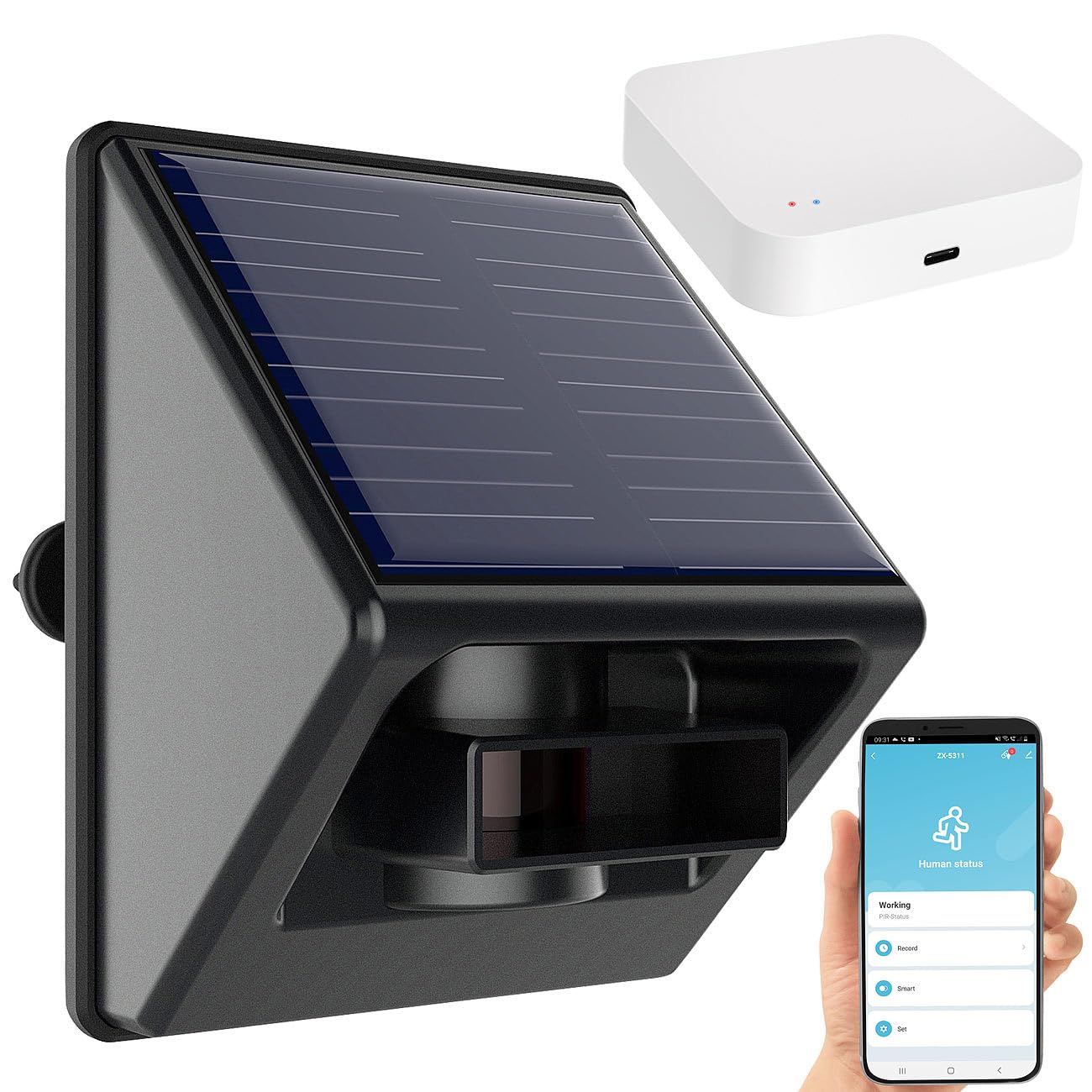Luminea Home Control App-Bewegungsmelder: Outdoor-PIR-Sensor mit ZigBee-WLAN-Gateway und Solarpanel, IP55 (Outdoor ZigBee Motion Sensor, Akku Bewegungsmelder aussen)