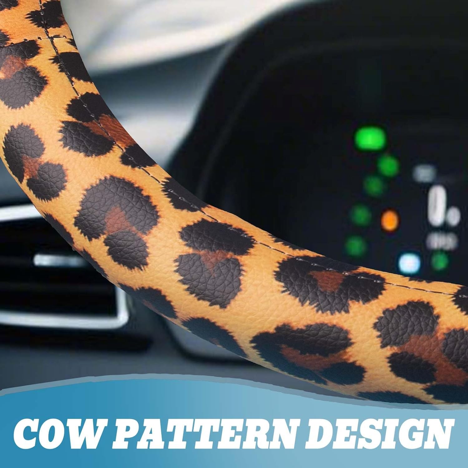 Universal Leather Leopard Cheetah Steering Wheel Cover Women 14.5-15 inch Leopard car Accessories Western Anime Brown Cute Wheel Cover Hip Hop Anti-Slip Car Protecter for Men