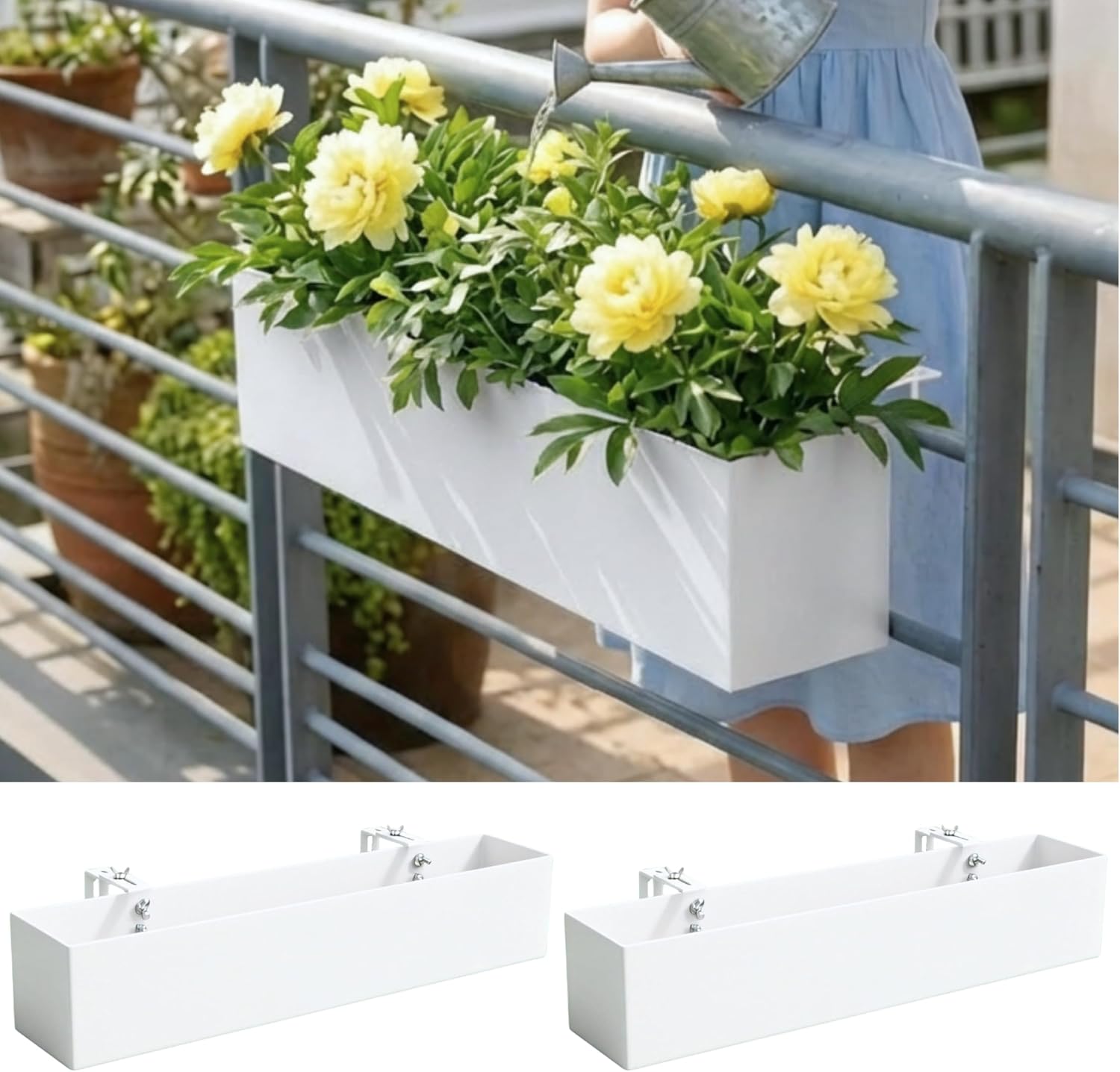 LaLaGreen Planter Boxes Outdoor (24 Inch, 2 Pack) White Metal Rectangular Railing Flower Box with Brackets, Deck Railings Planters Fence Balcony Patio Porch Plant Holder Modern Garden Decor Over Rail