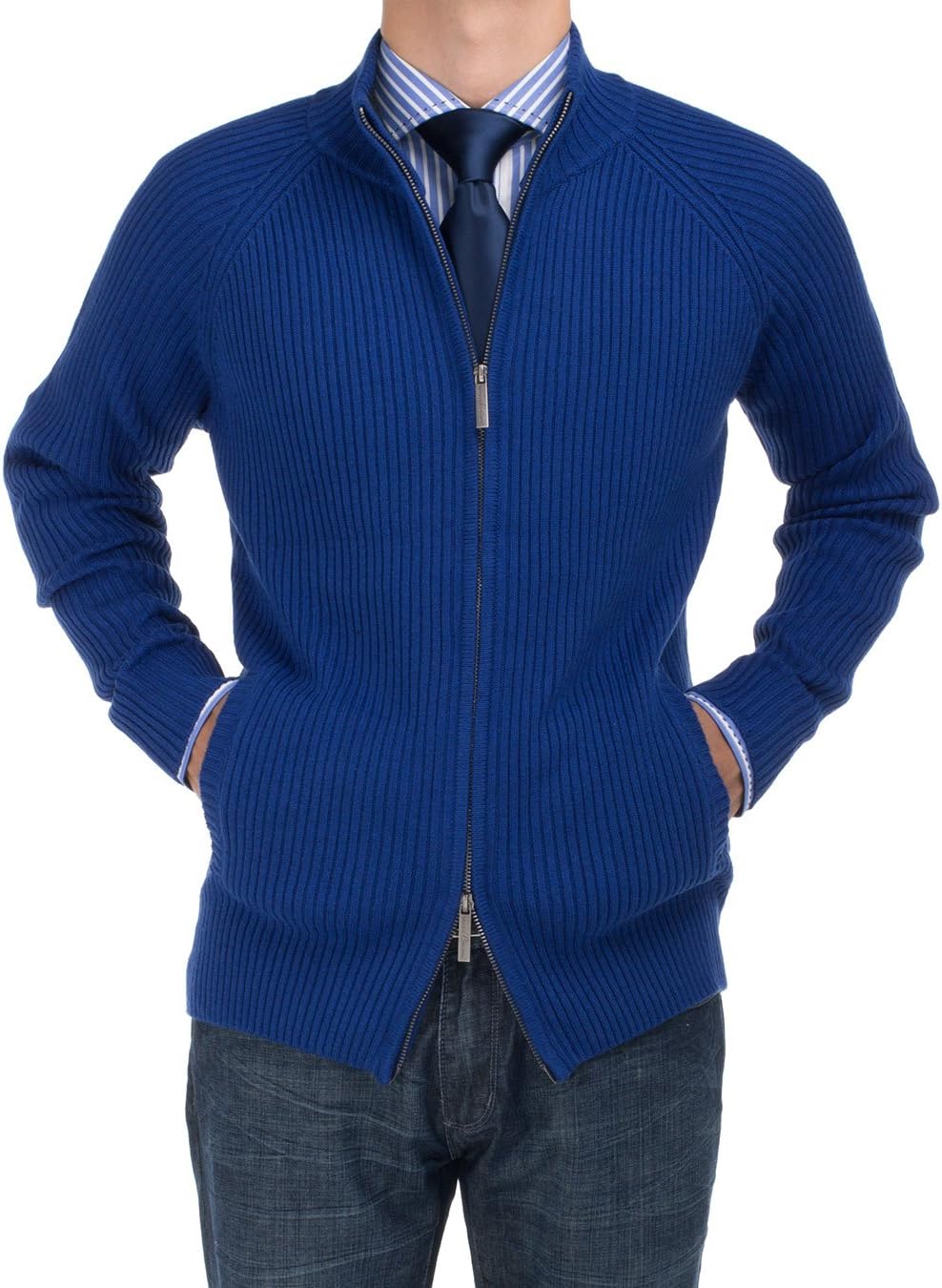 DTI BB Signature Mens Sweater Mock Neck Full Zip Ribbed Cotton Pullover Cardigan