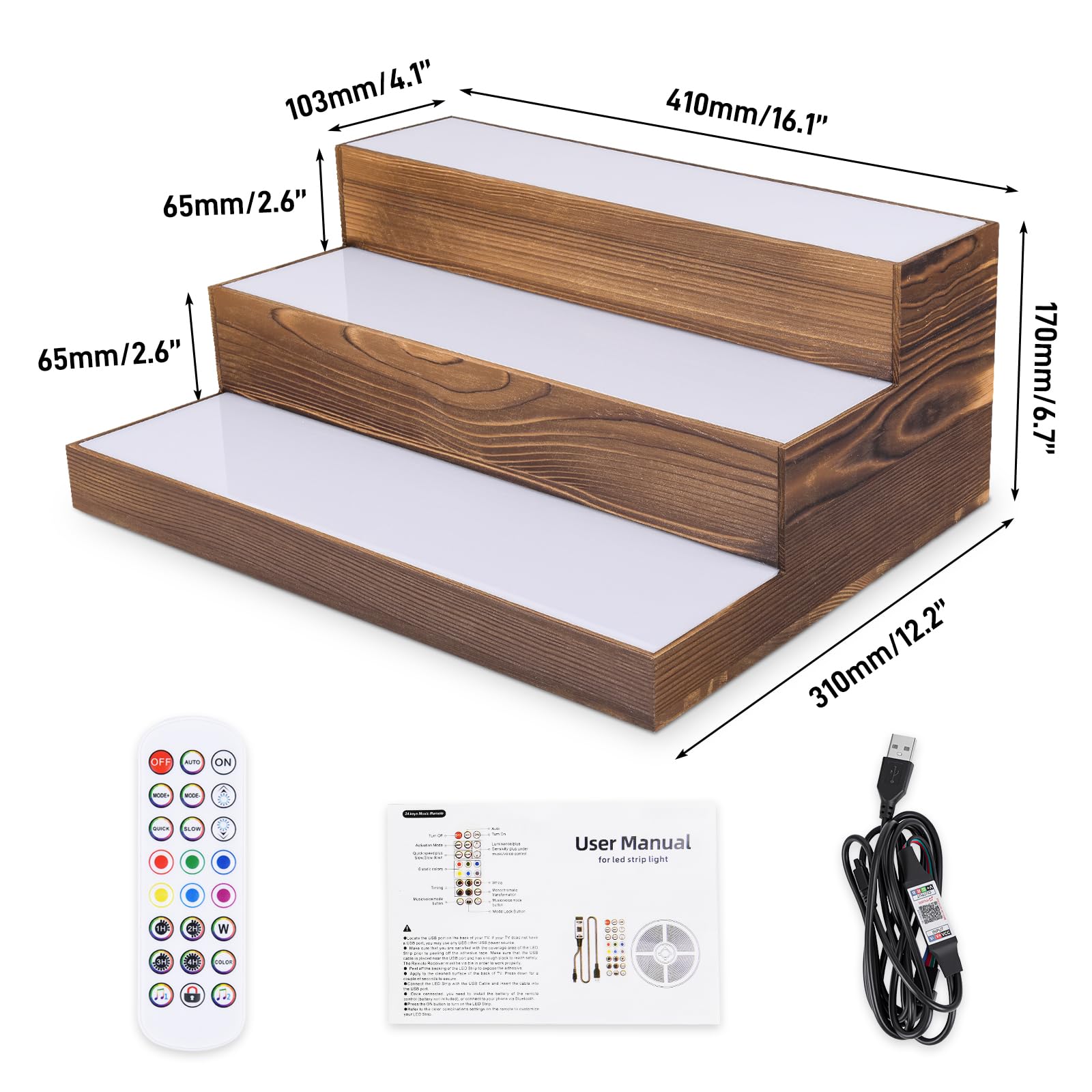 Portabottiglie a 3 ripiani con luce LED per bottiglie di liquori, in acrilico, illuminazione RGB, per casa, commerciale, bar, feste, in legno massello