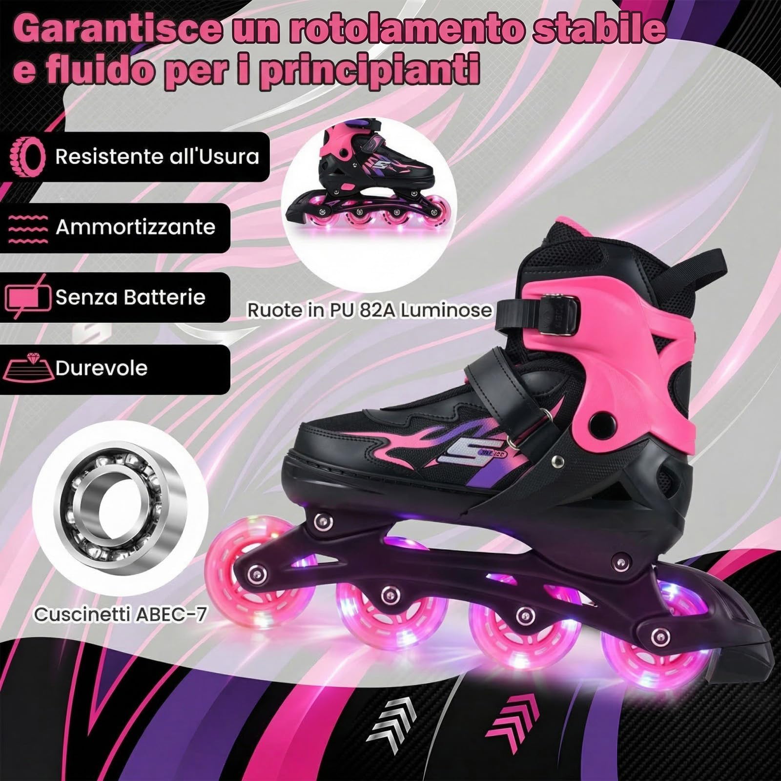 COSTWAY Pattini in Linea a 4 Ruote per Bambini Regolabili 4 Taglie con Luci e Protezione 5-14 Anni